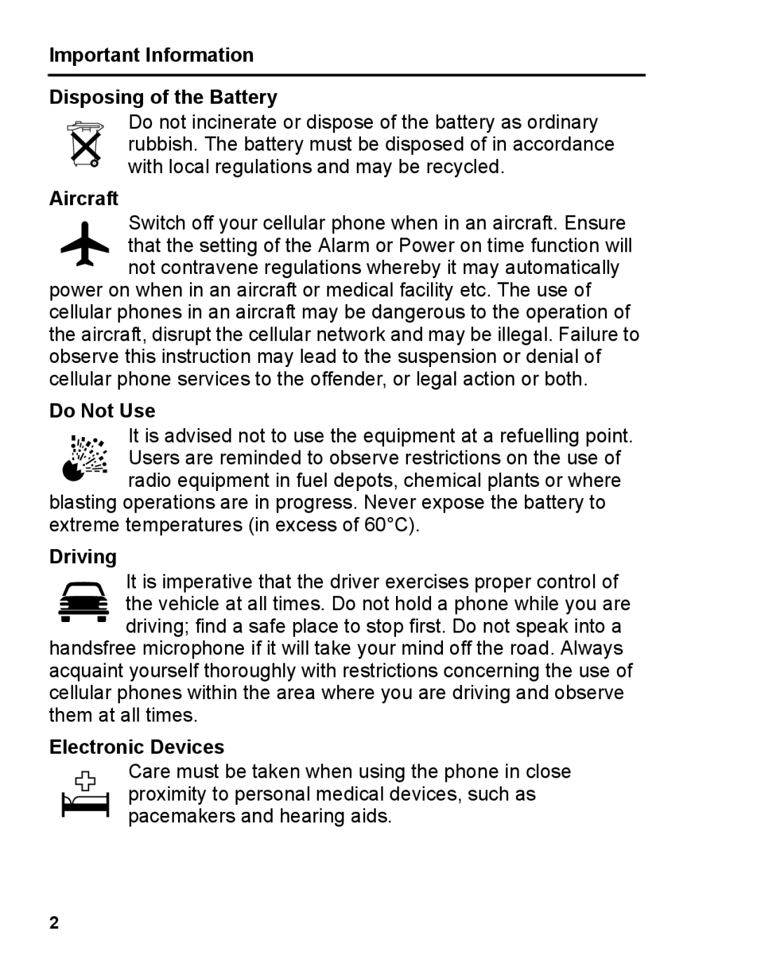 Panasonic A210 manual Important Information Disposing of the Battery, Aircraft, Do Not Use, Driving, Electronic Devices 