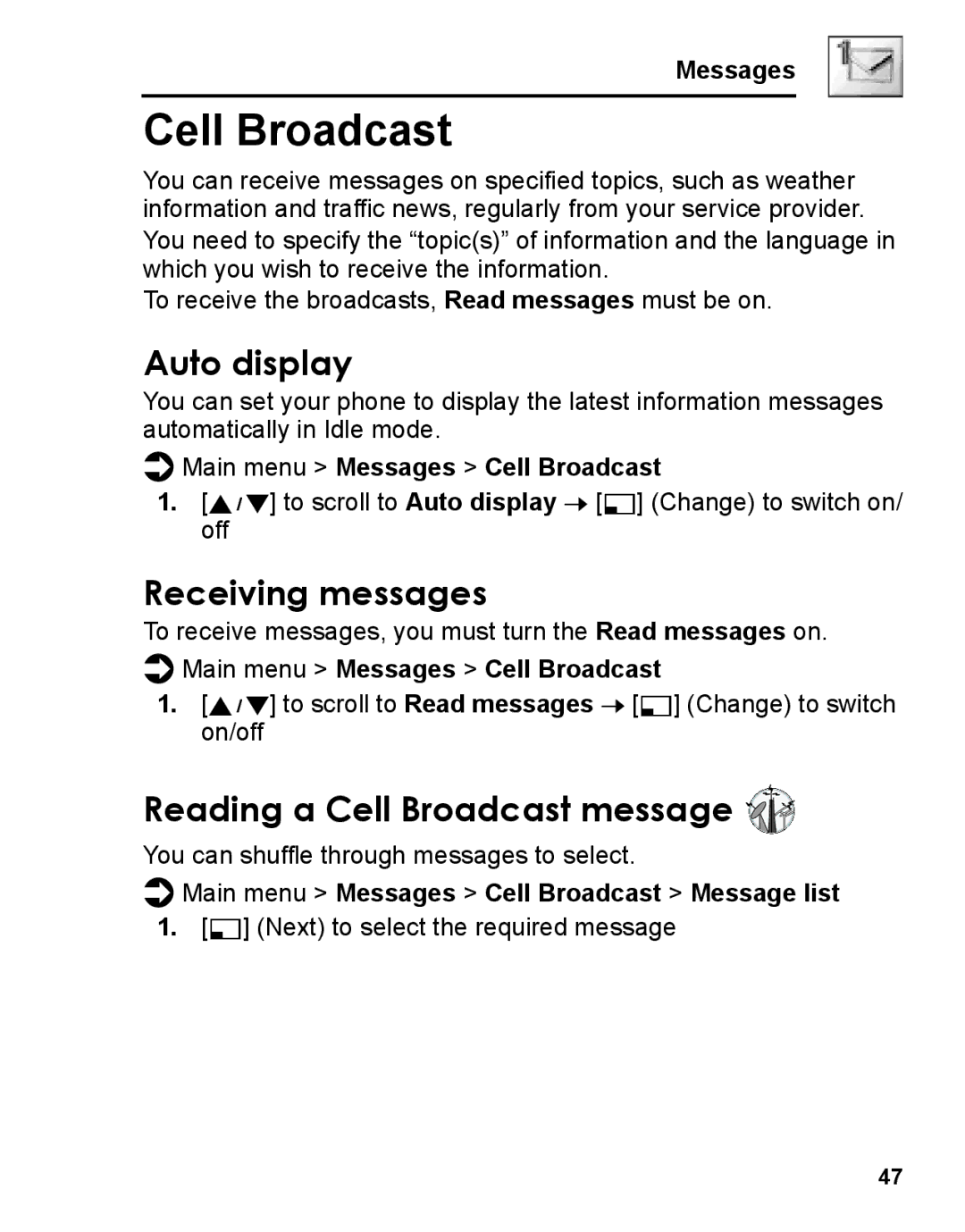 Panasonic A210 manual Auto display, Reading a Cell Broadcast message, Main menu Messages Cell Broadcast 