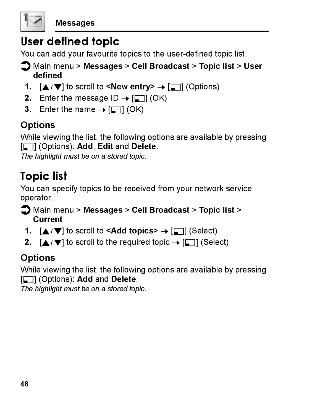 Panasonic A210 manual User defined topic, Main menu Messages Cell Broadcast Topic list User defined 