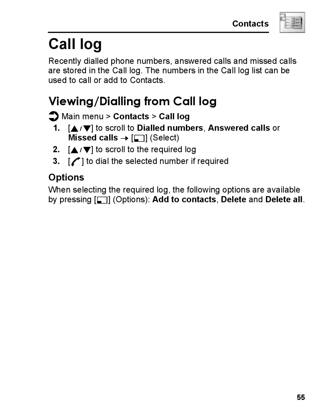 Panasonic A210 manual Viewing/Dialling from Call log 