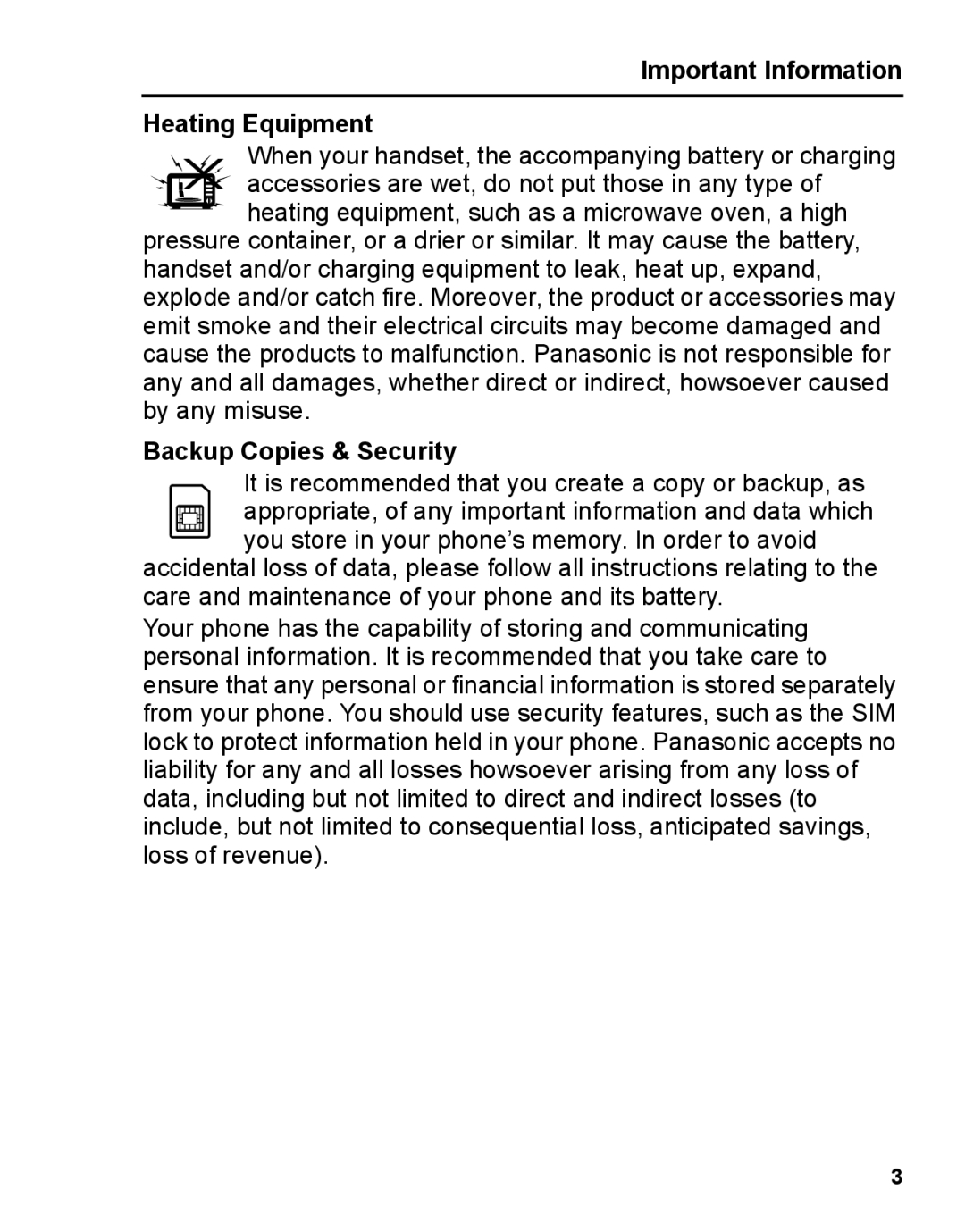 Panasonic A210 manual Important Information Heating Equipment, Backup Copies & Security 