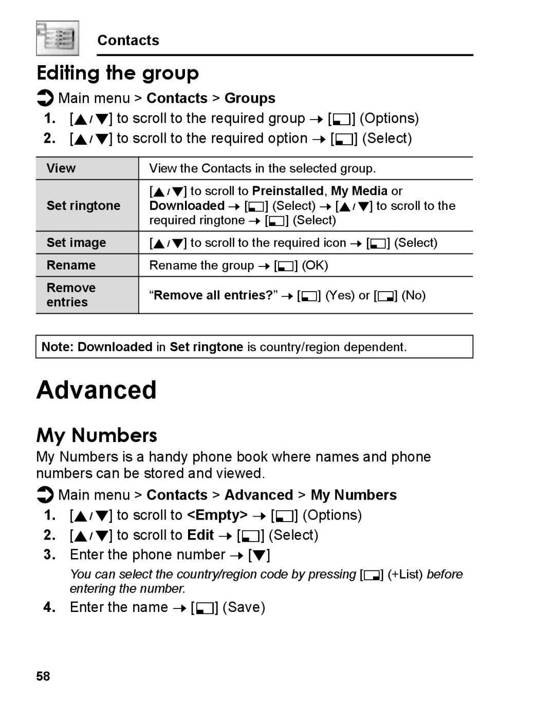 Panasonic A210 manual Editing the group, Main menu Contacts Advanced My Numbers 