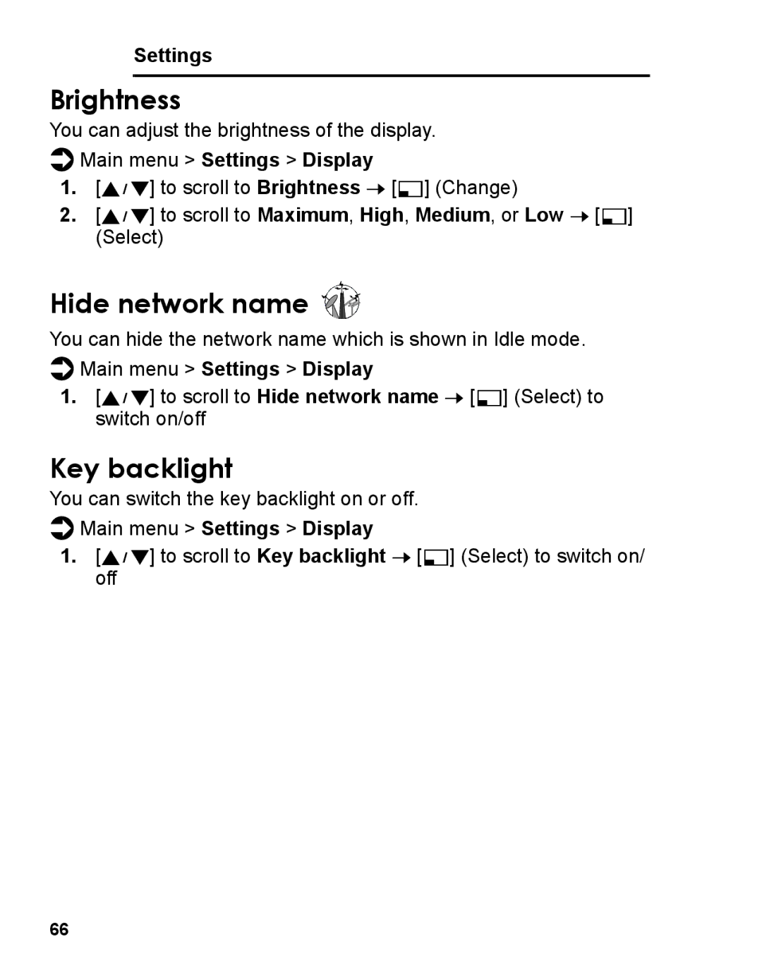 Panasonic A210 manual Brightness, Hide network name, Key backlight 