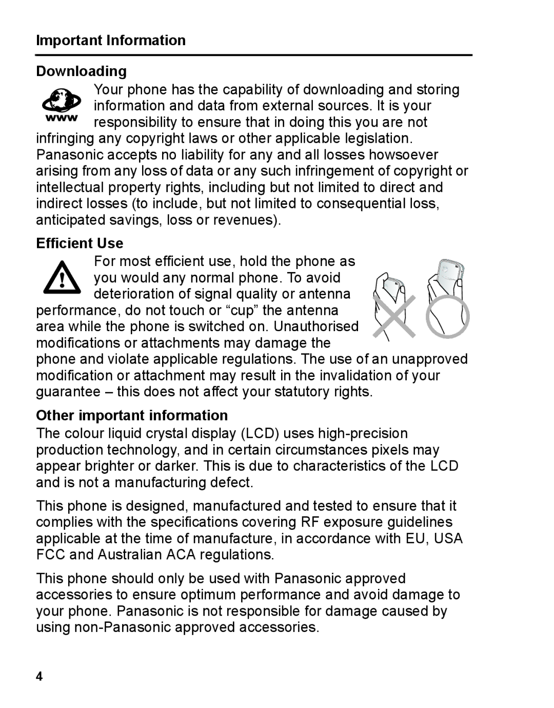 Panasonic A210 manual Important Information Downloading, Efficient Use, Other important information 