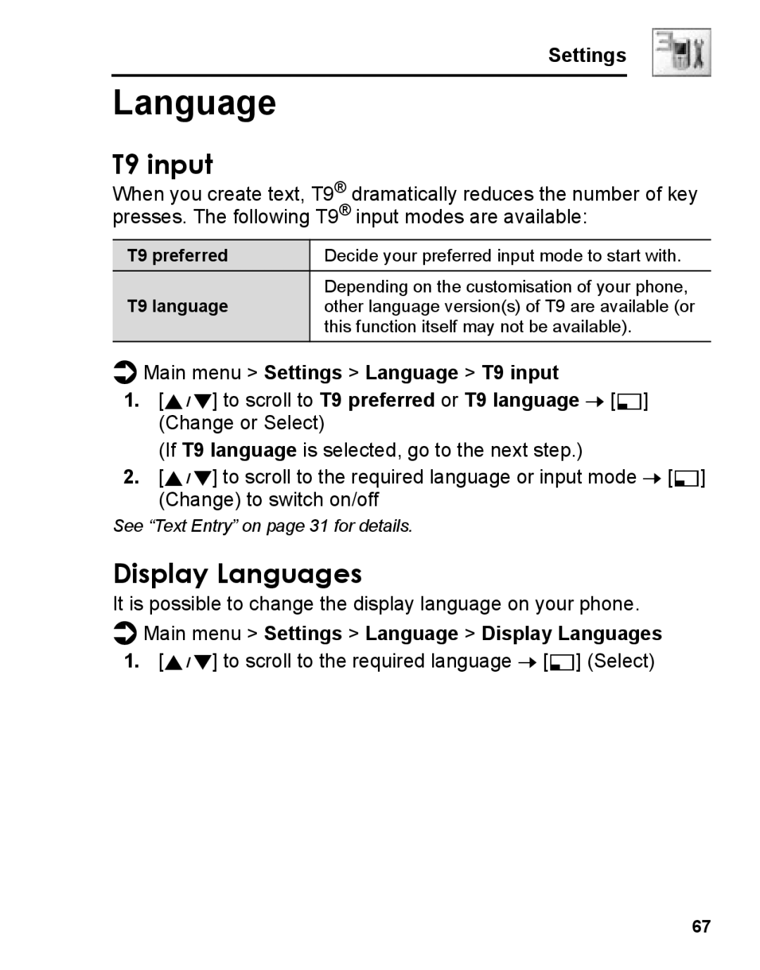 Panasonic A210 manual Display Languages, Main menu Settings Language T9 input 