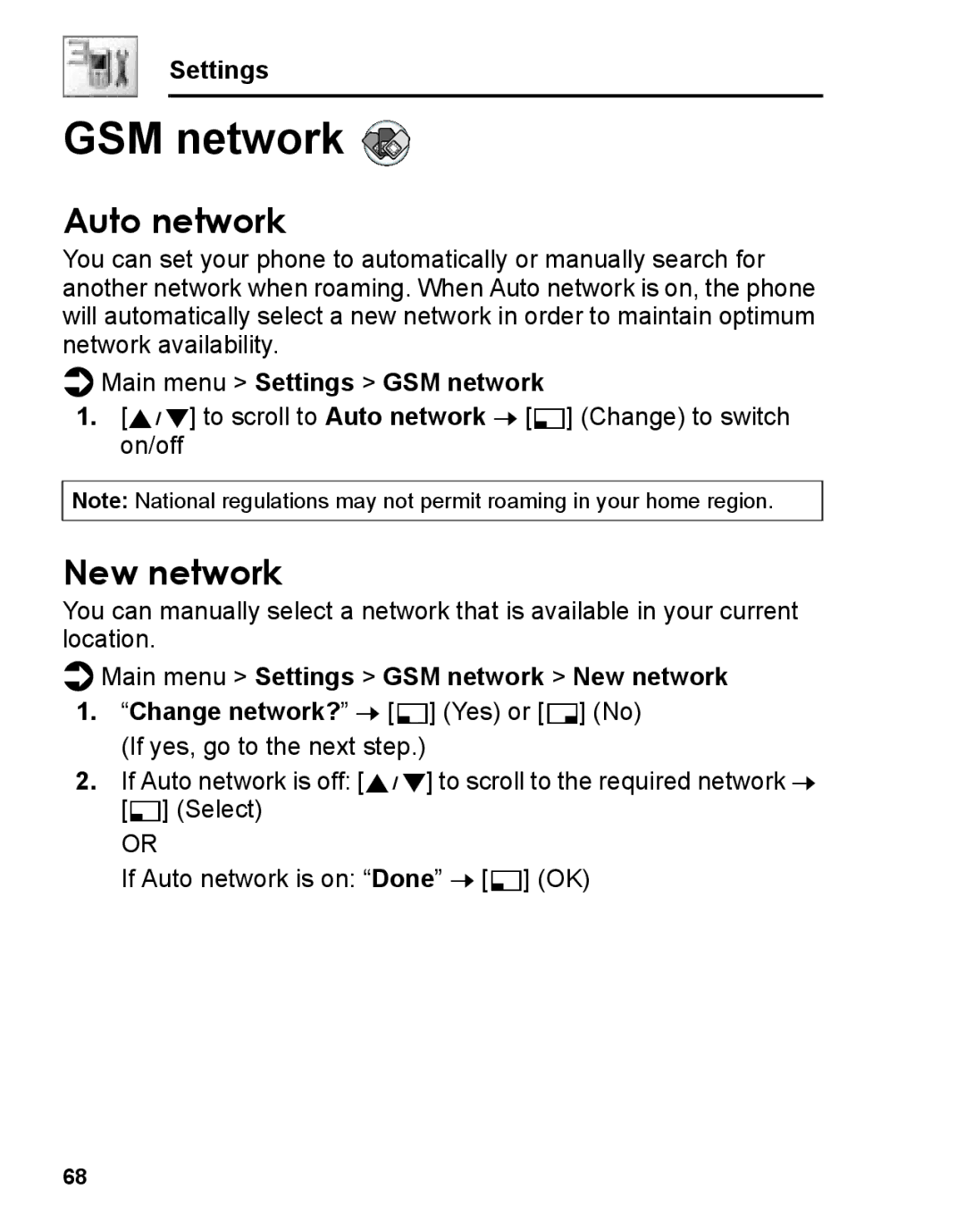 Panasonic A210 manual Auto network, Main menu Settings GSM network New network 