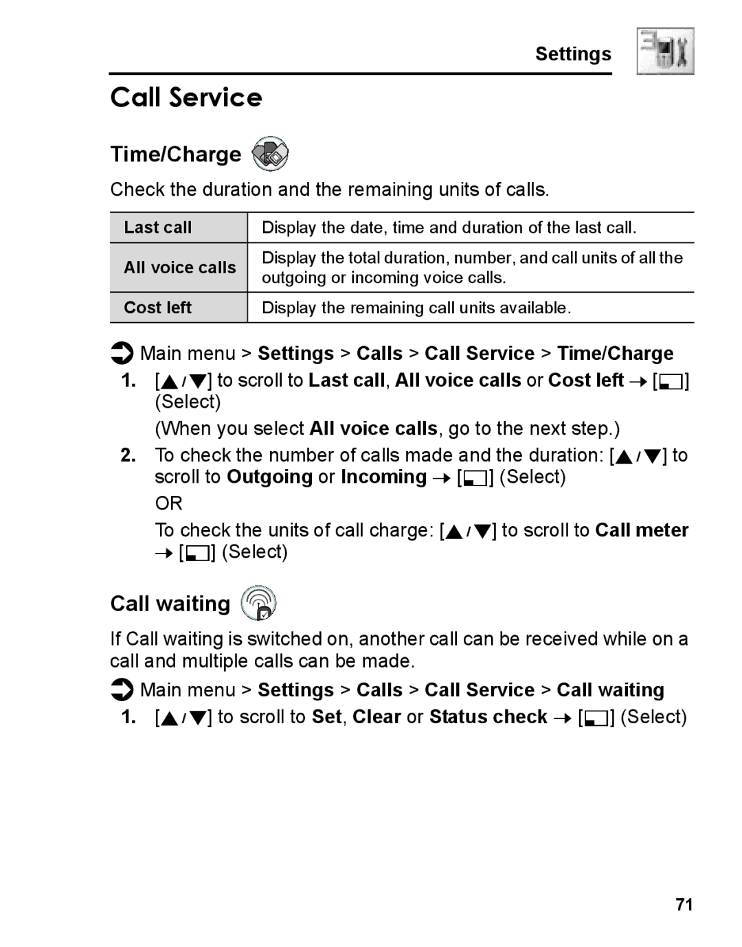 Panasonic A210 manual Time/Charge, Main menu Settings Calls Call Service Call waiting 