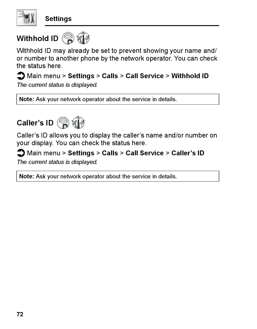 Panasonic A210 manual Caller’s ID, Main menu Settings Calls Call Service Withhold ID 