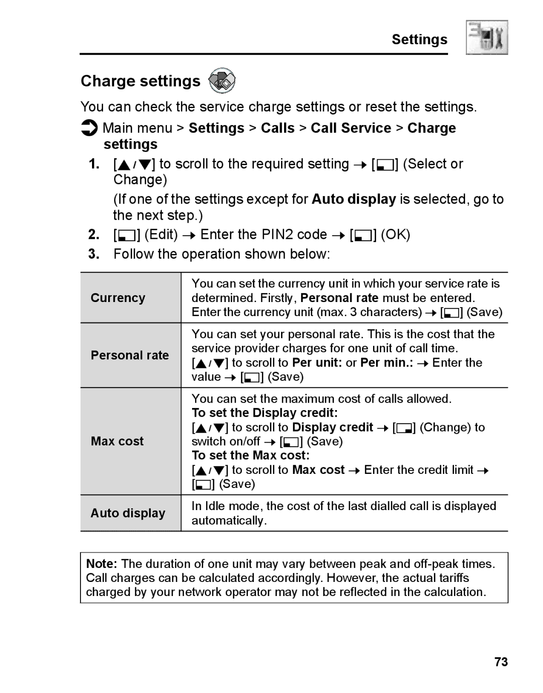 Panasonic A210 manual Main menu Settings Calls Call Service Charge settings 