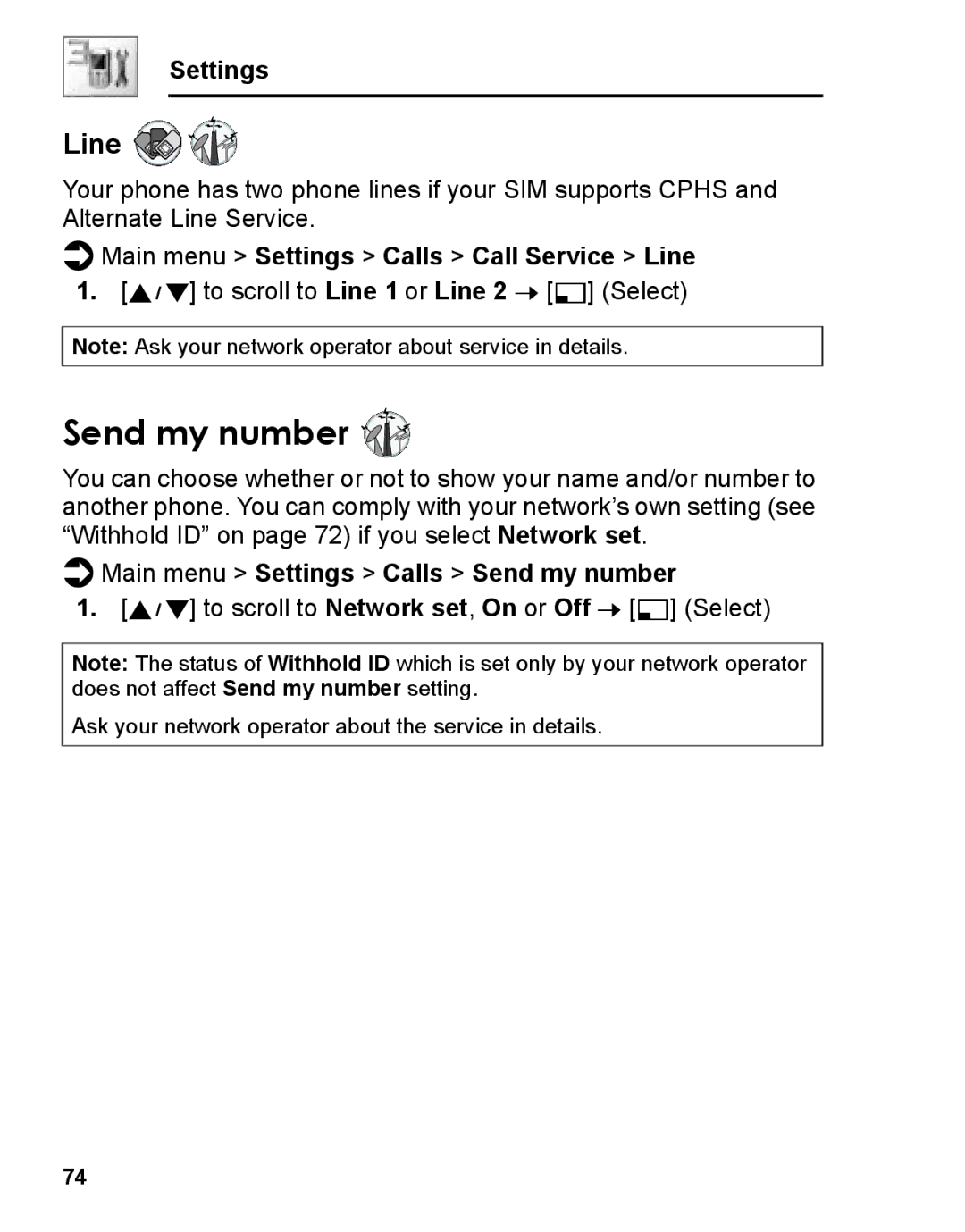 Panasonic A210 manual Main menu Settings Calls Call Service Line, Main menu Settings Calls Send my number 