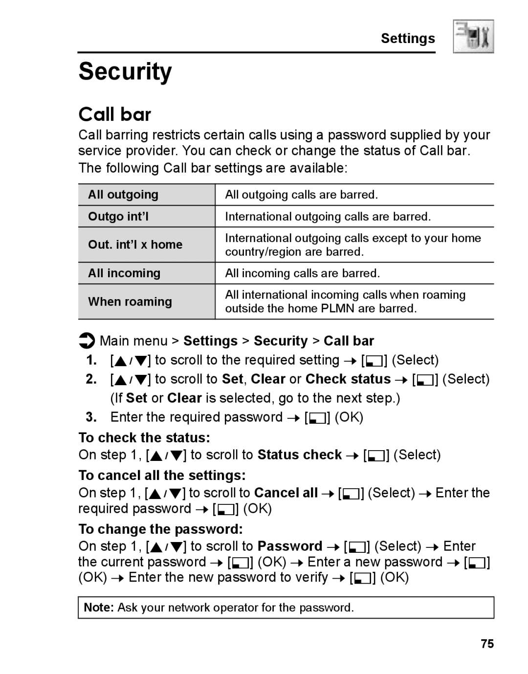 Panasonic A210 manual Security, Call bar 