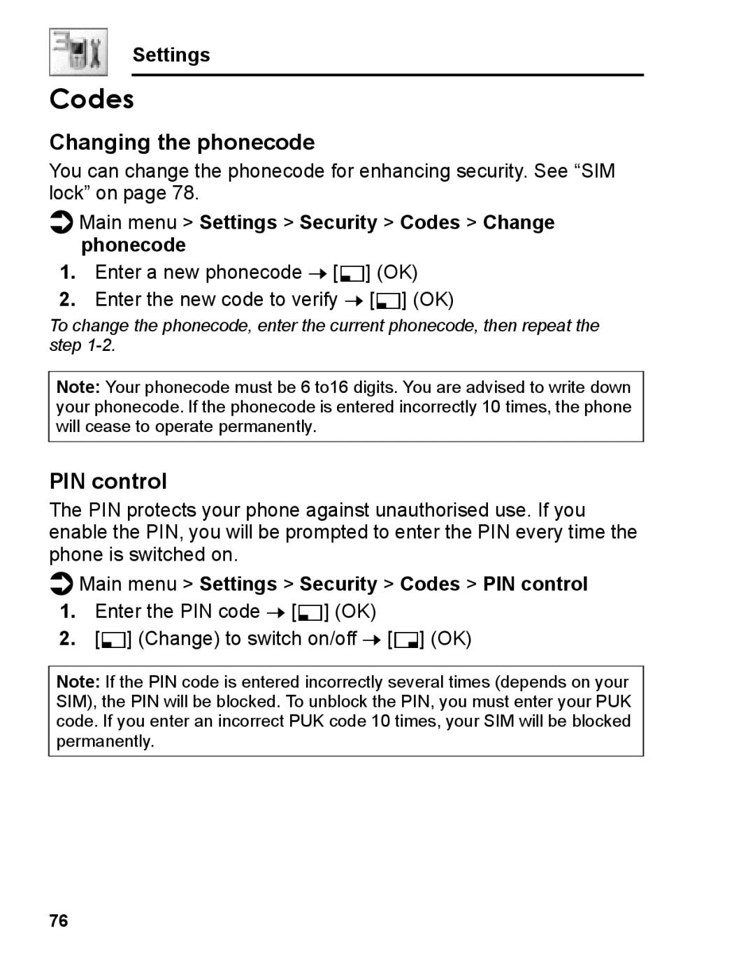 Panasonic A210 manual Changing the phonecode, PIN control, Main menu Settings Security Codes Change phonecode 