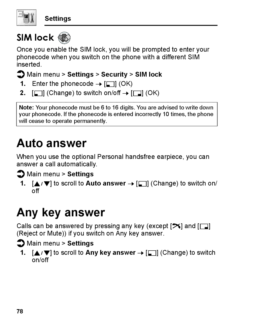 Panasonic A210 manual Auto answer, Any key answer, Main menu Settings Security SIM lock 