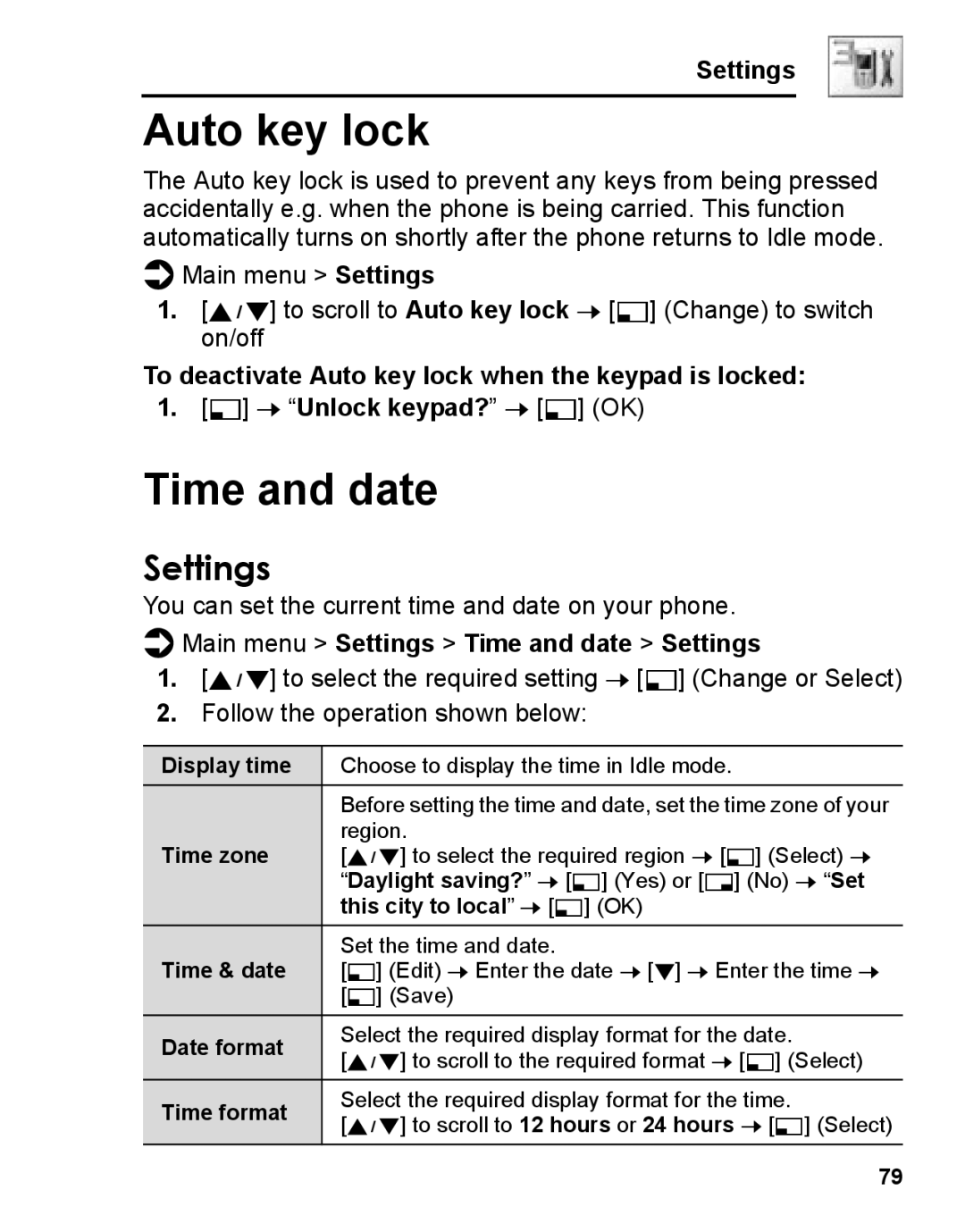 Panasonic A210 manual Auto key lock, Time and date, Settings 