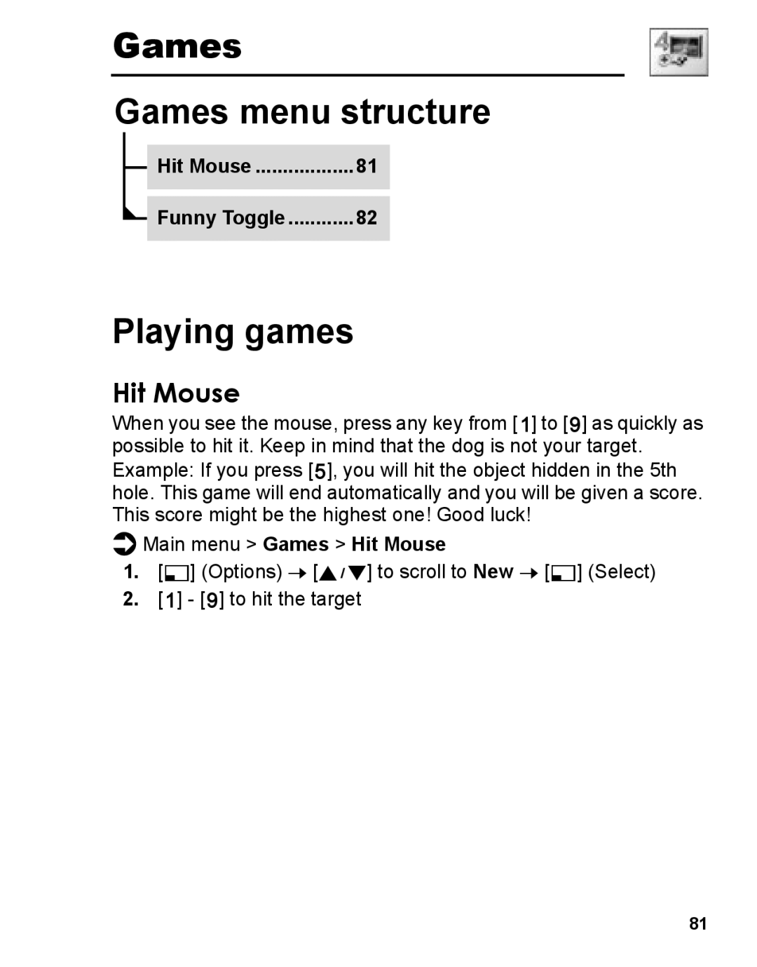 Panasonic A210 manual Games Games menu structure, Playing games, Hit Mouse 