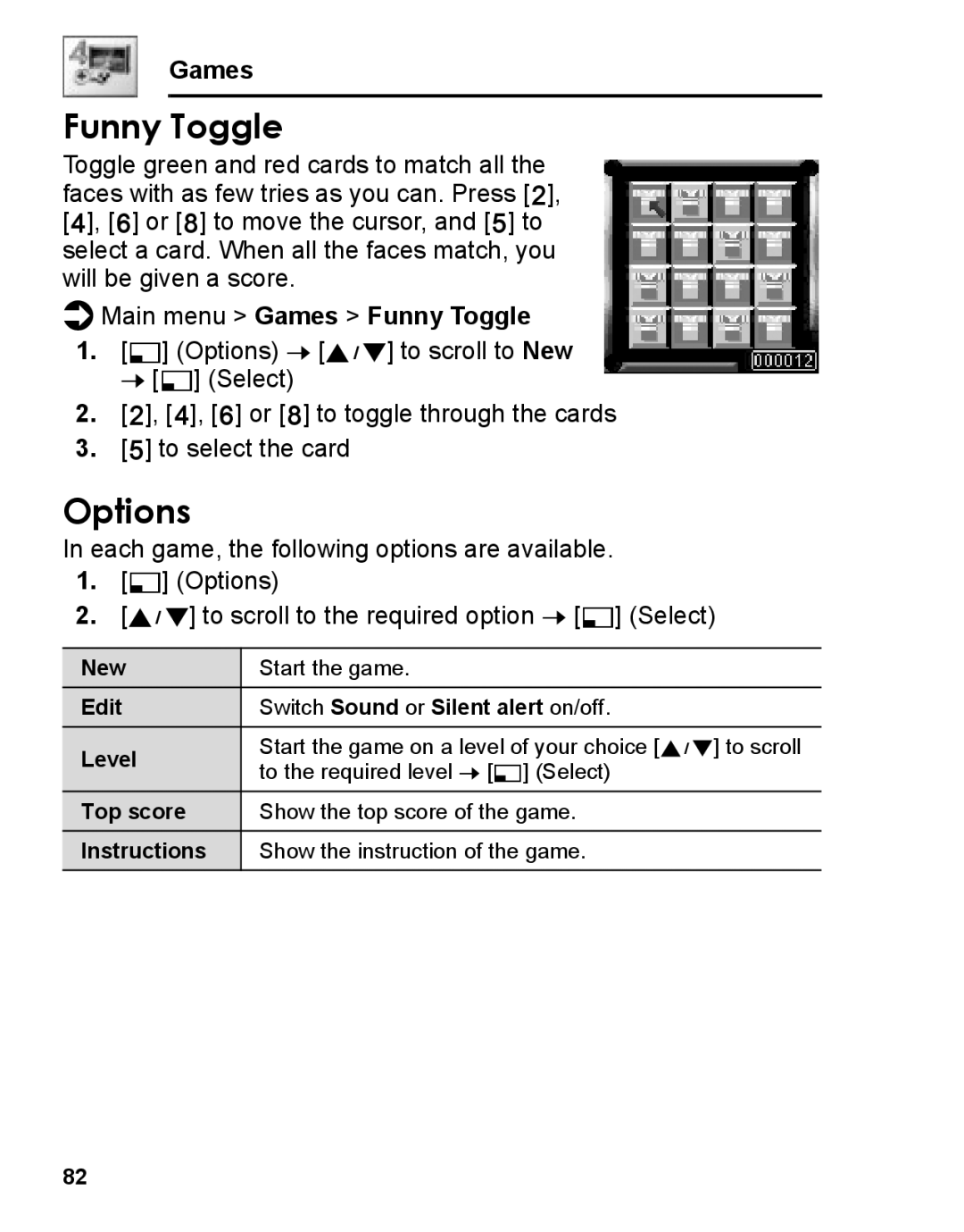 Panasonic A210 manual Main menu Games Funny Toggle 