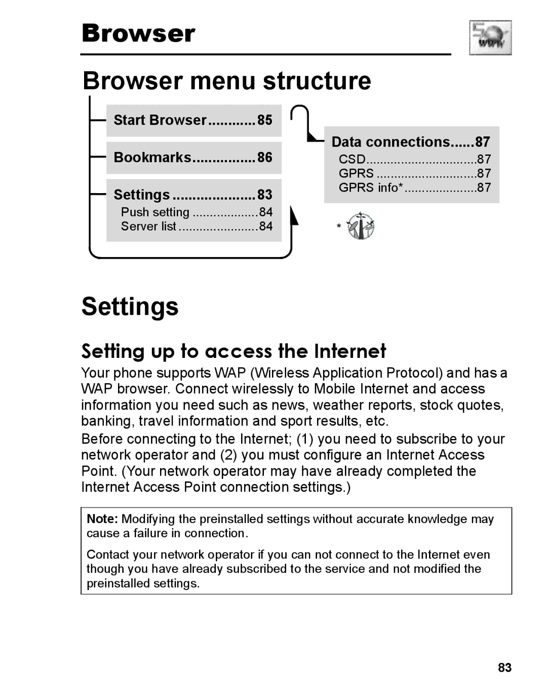 Panasonic A210 manual Browser Browser menu structure, Settings, Setting up to access the Internet 