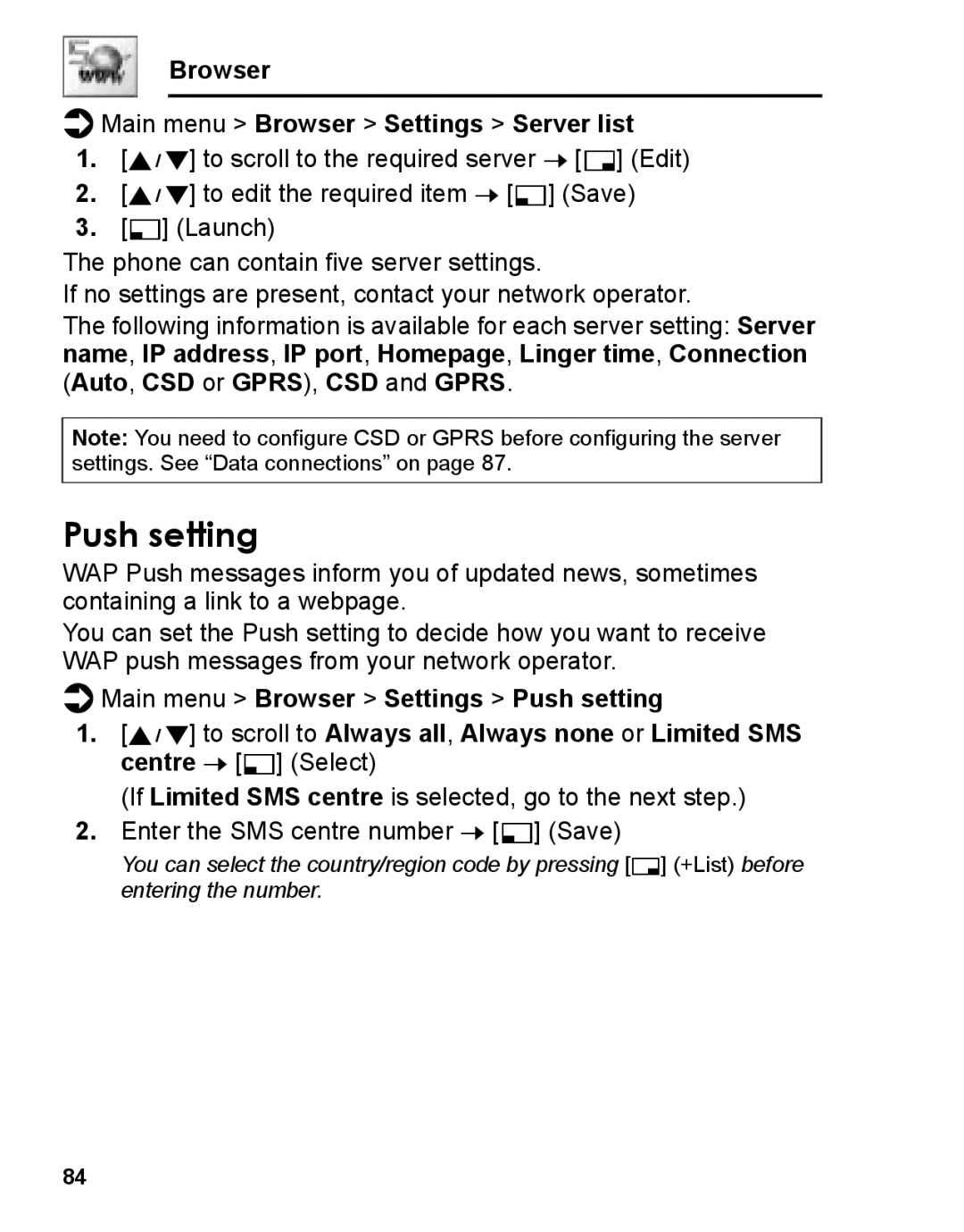 Panasonic A210 manual Push setting, Browser Main menu Browser Settings Server list 