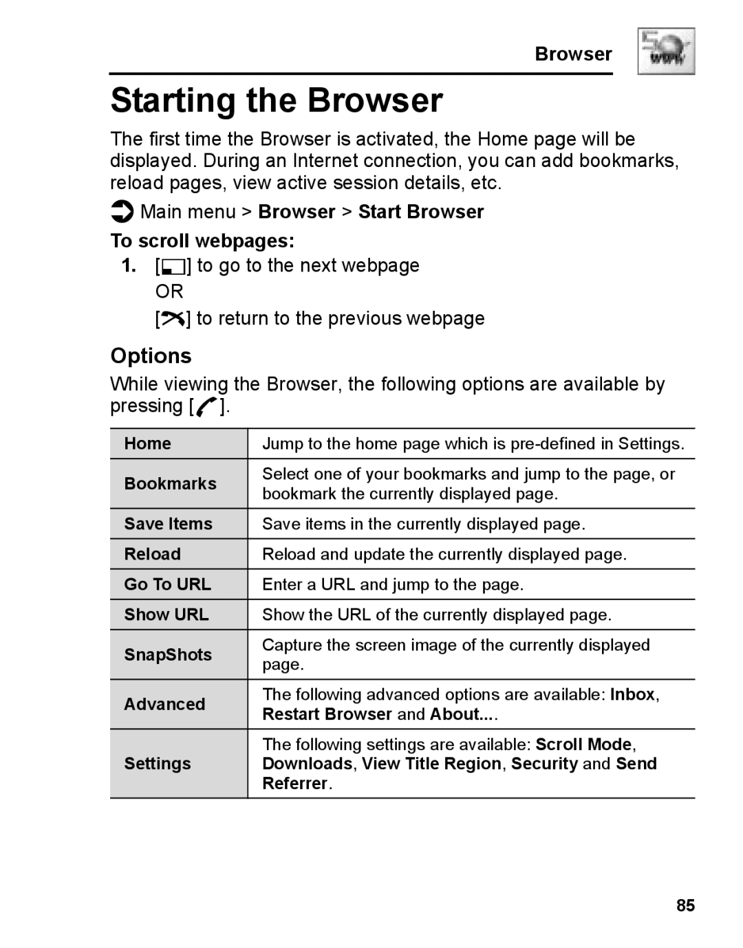 Panasonic A210 manual Starting the Browser, Main menu Browser Start Browser To scroll webpages 