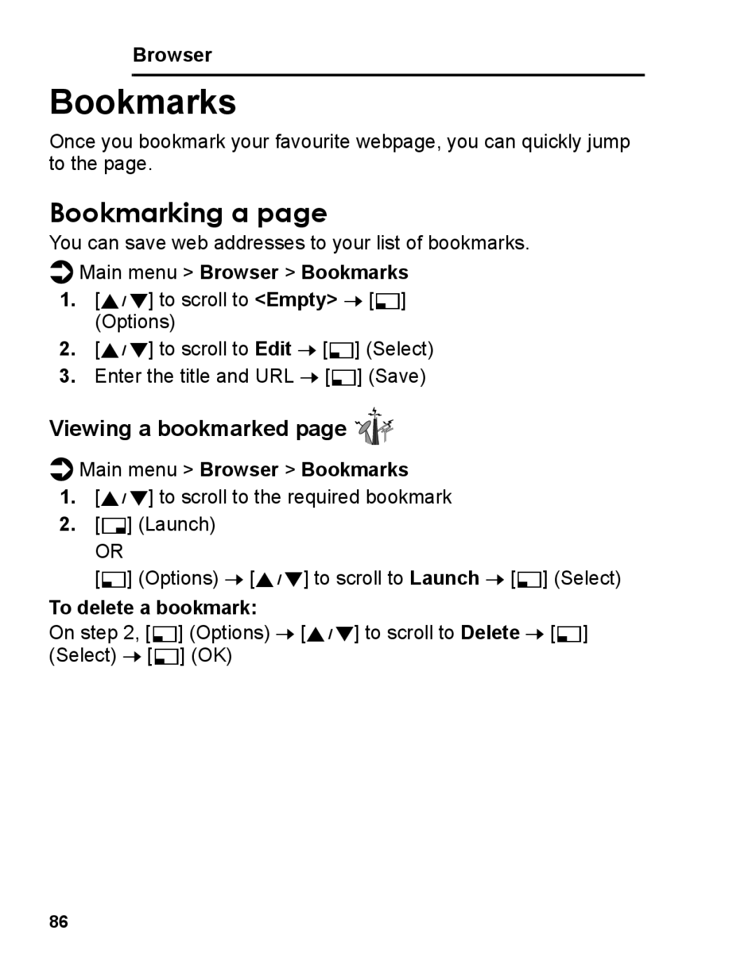 Panasonic A210 manual Bookmarking a, Viewing a bookmarked, Main menu Browser Bookmarks, To delete a bookmark 