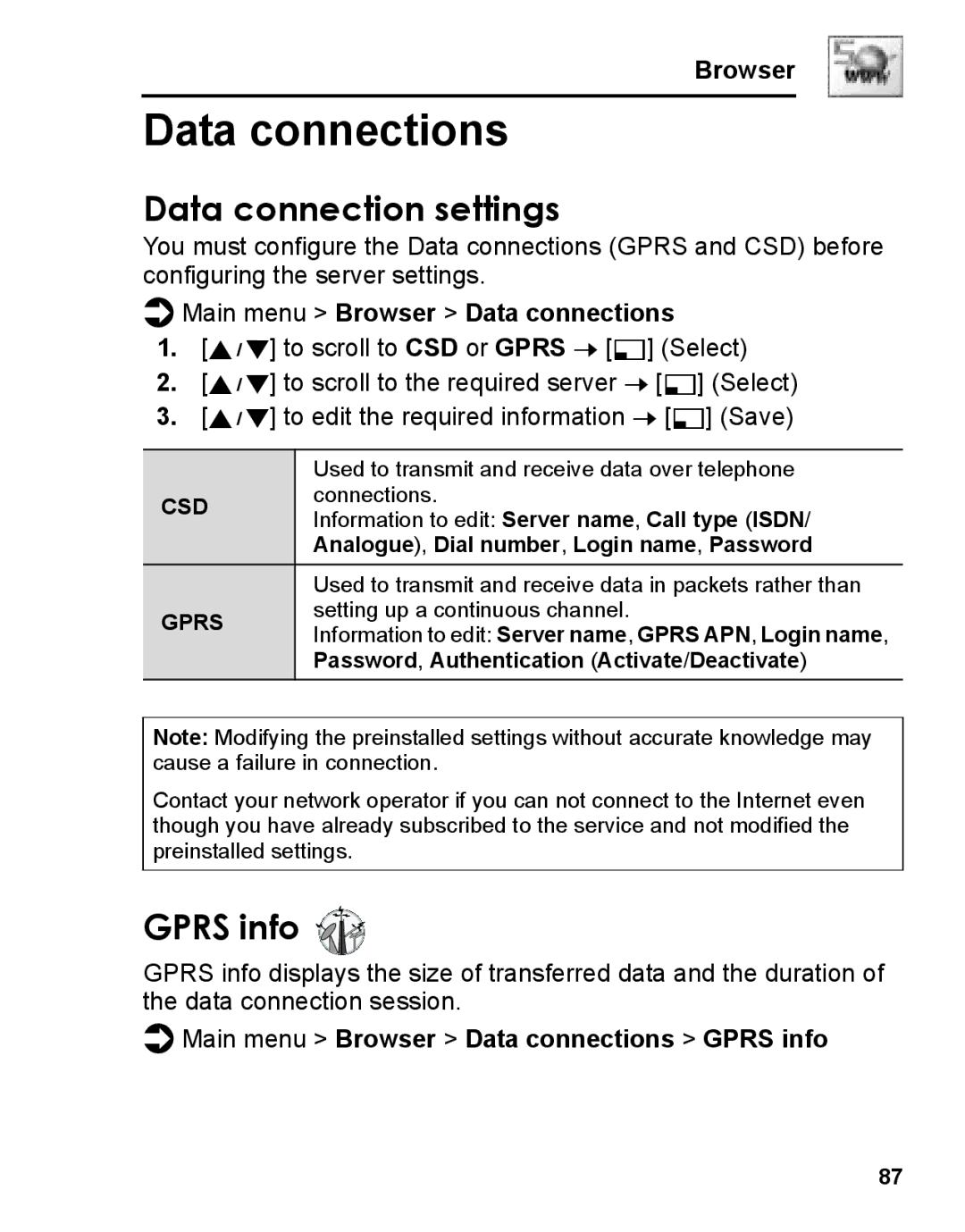 Panasonic A210 manual Data connection settings, Gprs info, Main menu Browser Data connections 