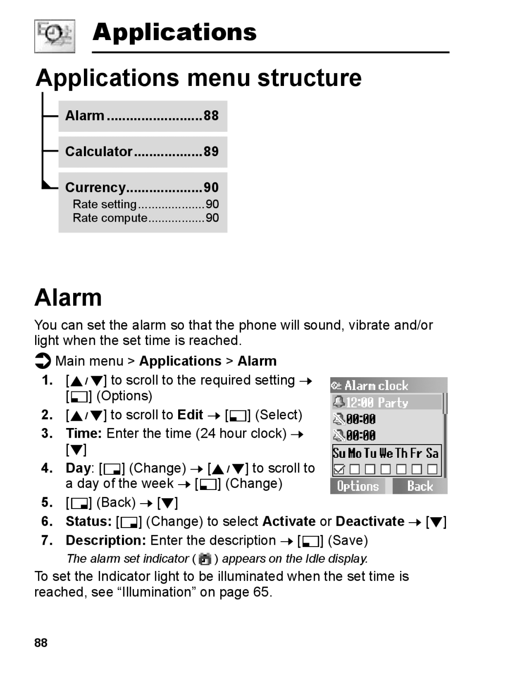 Panasonic A210 manual Applications Applications menu structure, Main menu Applications Alarm 