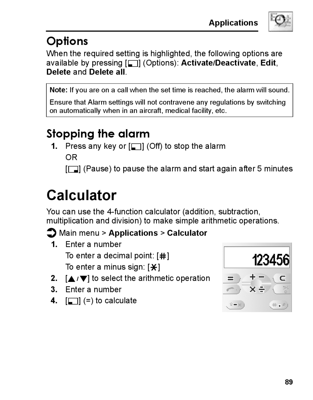 Panasonic A210 manual Stopping the alarm, Main menu Applications Calculator 