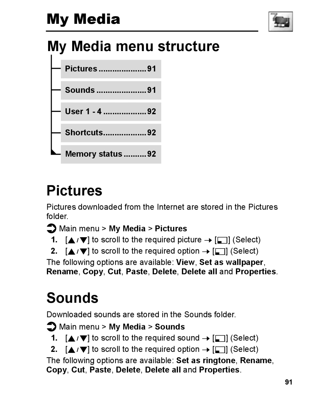 Panasonic A210 manual My Media My Media menu structure, Main menu My Media Pictures, User 1 