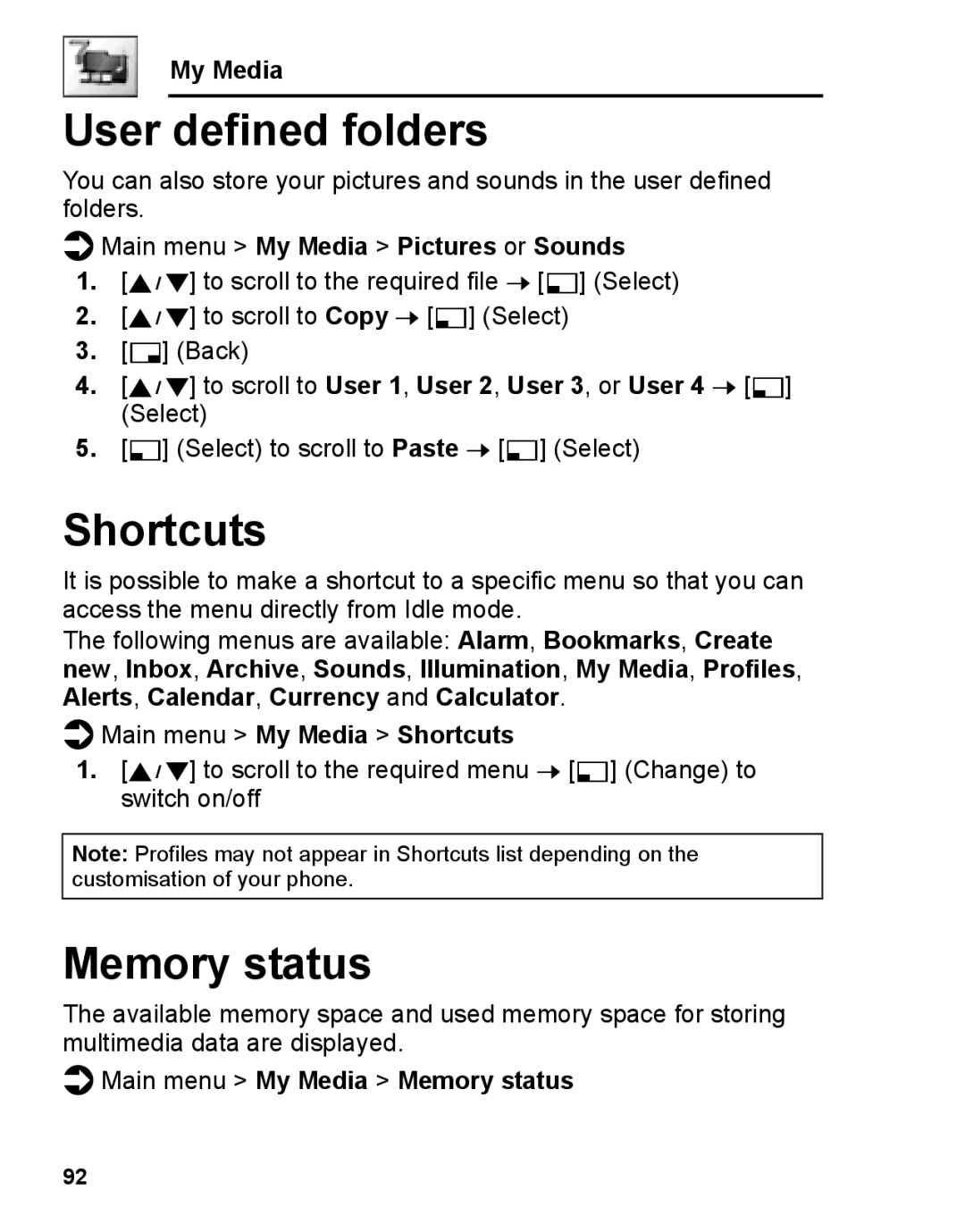 Panasonic A210 manual User defined folders, Main menu My Media Pictures or Sounds, Main menu My Media Shortcuts 