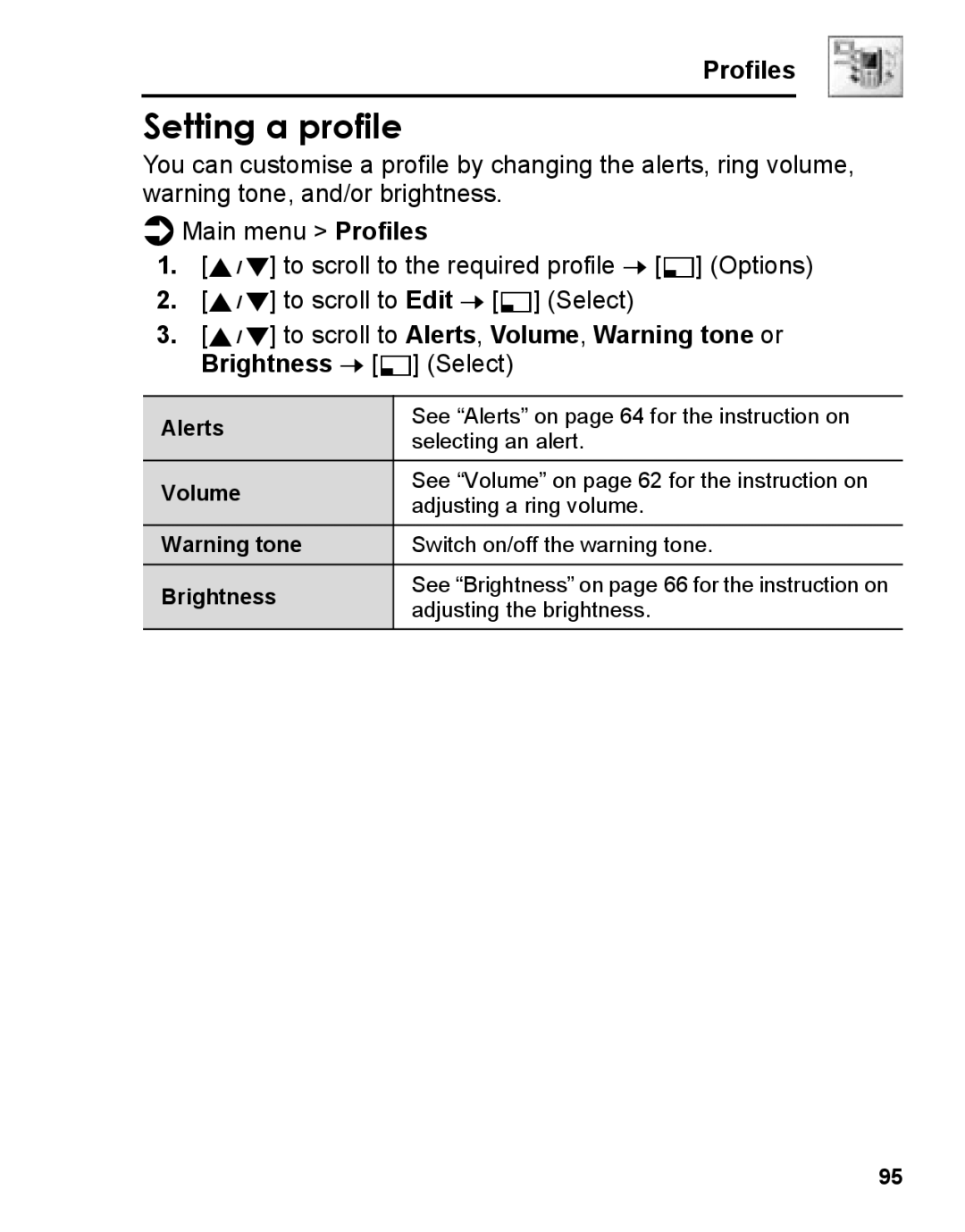 Panasonic A210 manual Setting a profile, Alerts, Volume, Brightness 