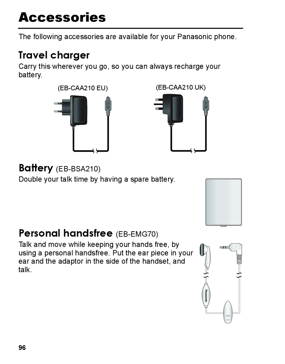 Panasonic A210 manual Accessories, Travel charger, Personal handsfree EB-EMG70 