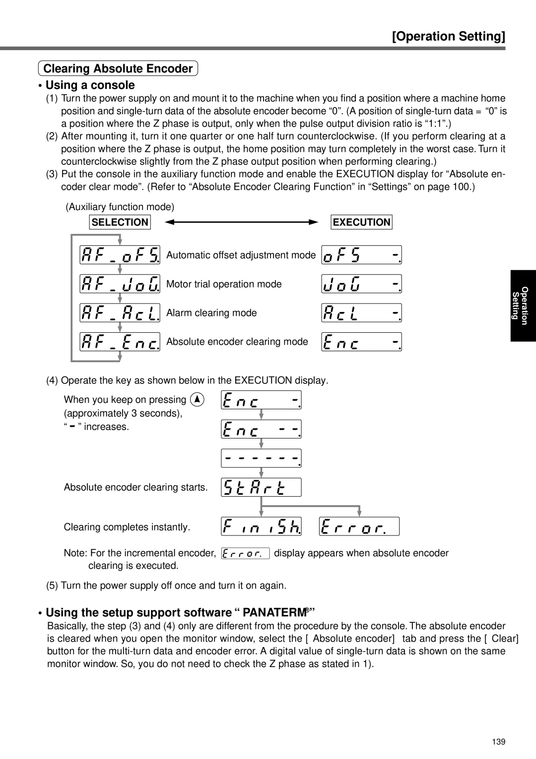 Panasonic A4P Series Clearing Absolute Encoder Using a console, Using the setup support software Panaterm, 139 