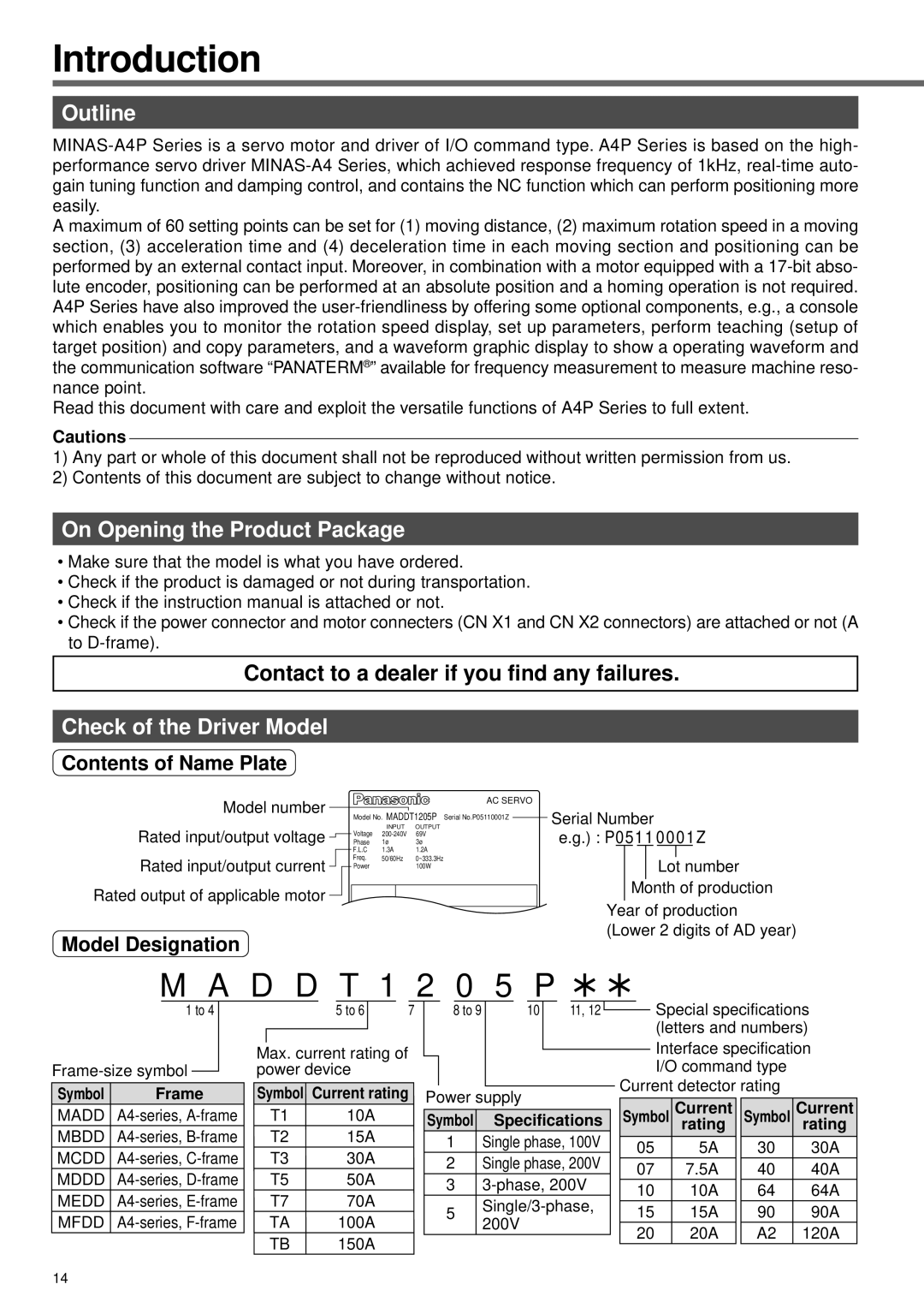 Panasonic A4P Series instruction manual Introduction, Outline, On Opening the Product Package, Check of the Driver Model 