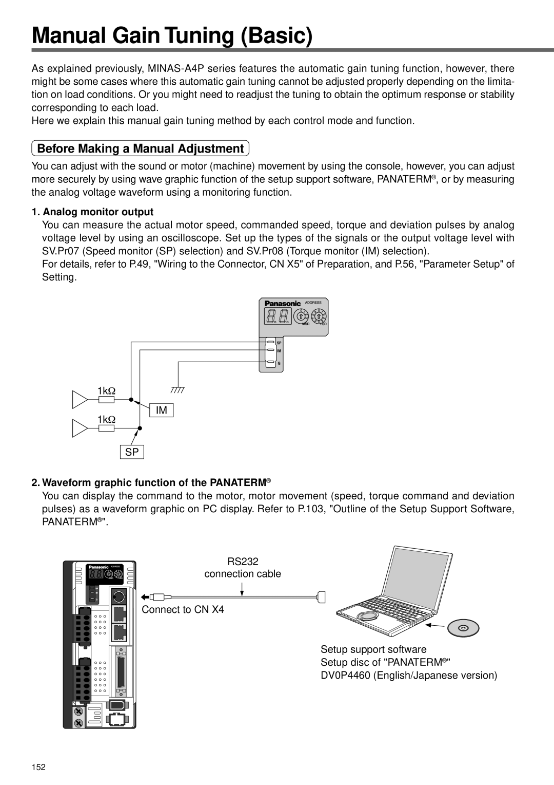 Panasonic A4P Series Manual Gain Tuning Basic, Before Making a Manual Adjustment, Analog monitor output, 152 