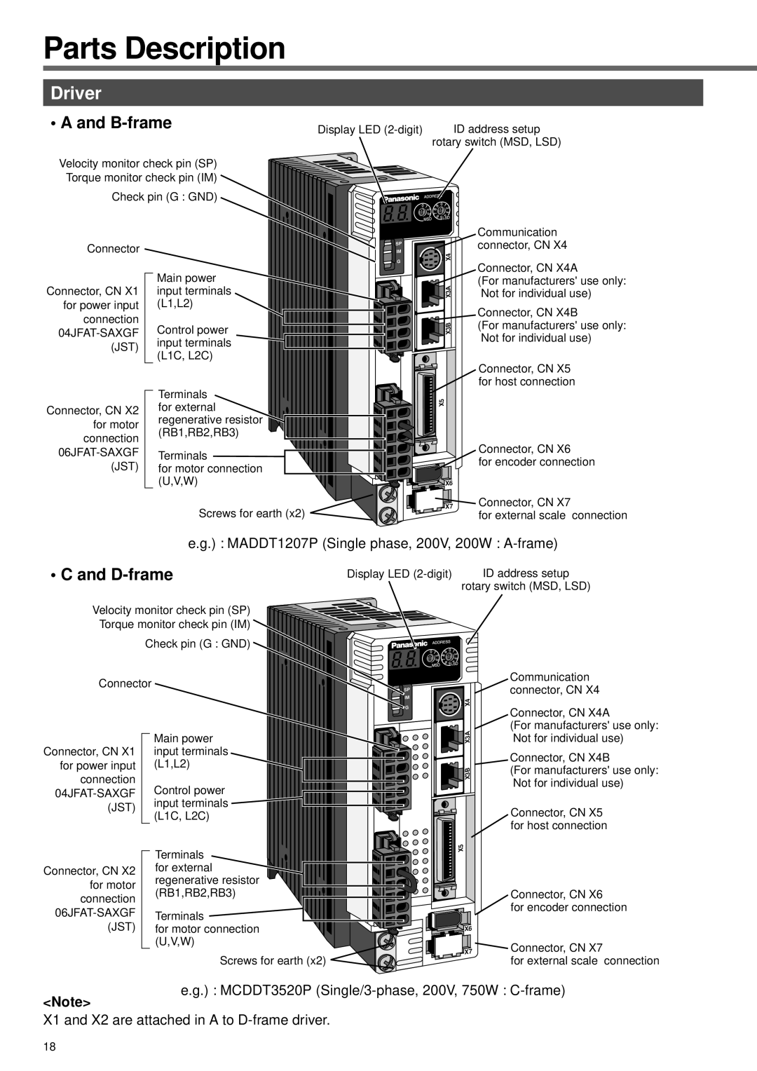 Panasonic A4P Series Parts Description, Driver, B-frame, D-frame, MADDT1207P Single phase, 200V, 200W A-frame 