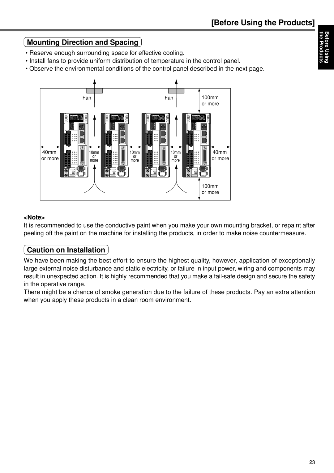 Panasonic A4P Series instruction manual Mounting Direction and Spacing, Fan, Or more, 40mm or more 100mm or more 