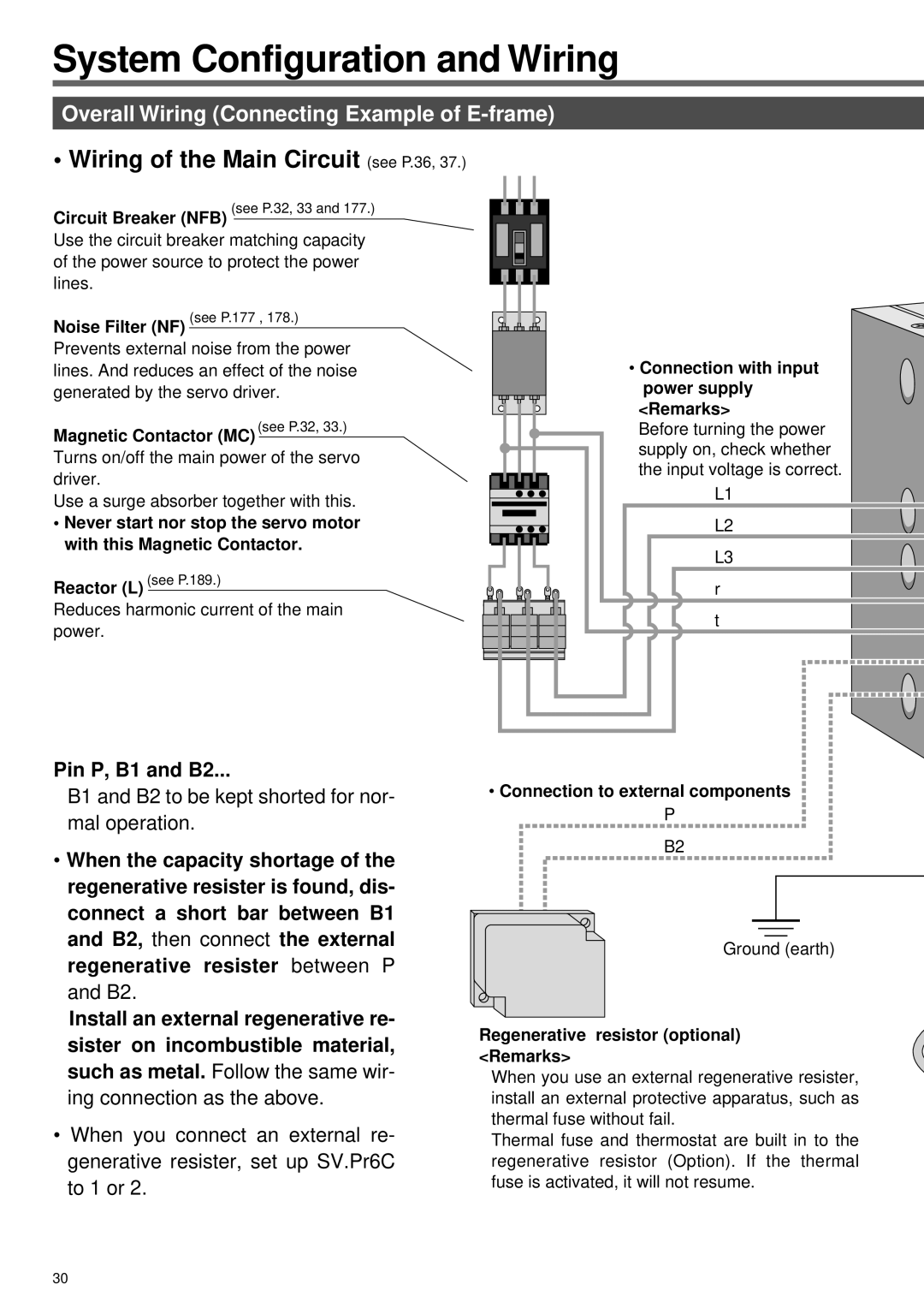 Panasonic A4P Series Overall Wiring Connecting Example of E-frame, Pin P, B1 and B2, Connection to external components 