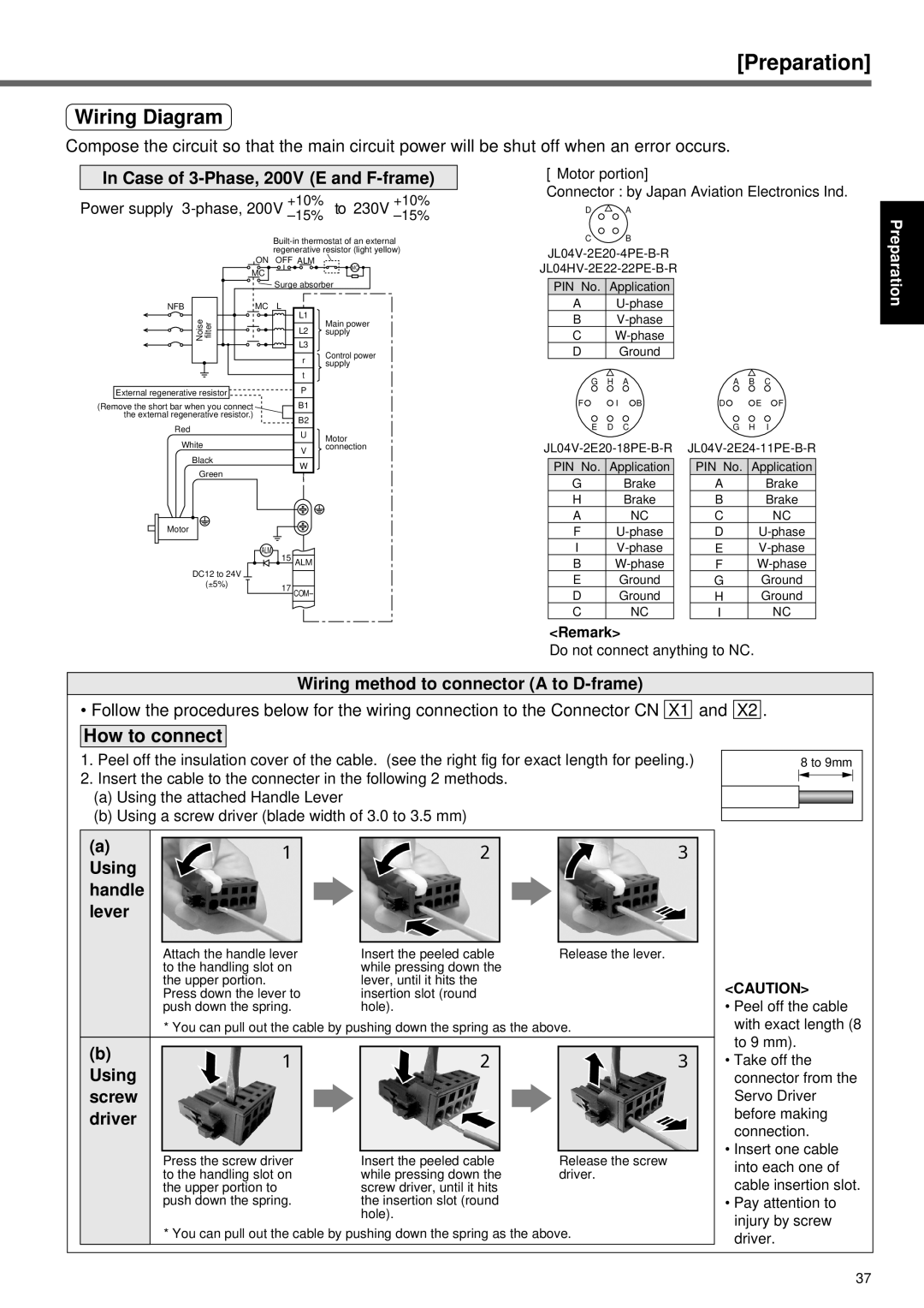 Panasonic A4P Series Case of 3-Phase, 200V E and F-frame, Wiring method to connector a to D-frame, Using Handle Lever 