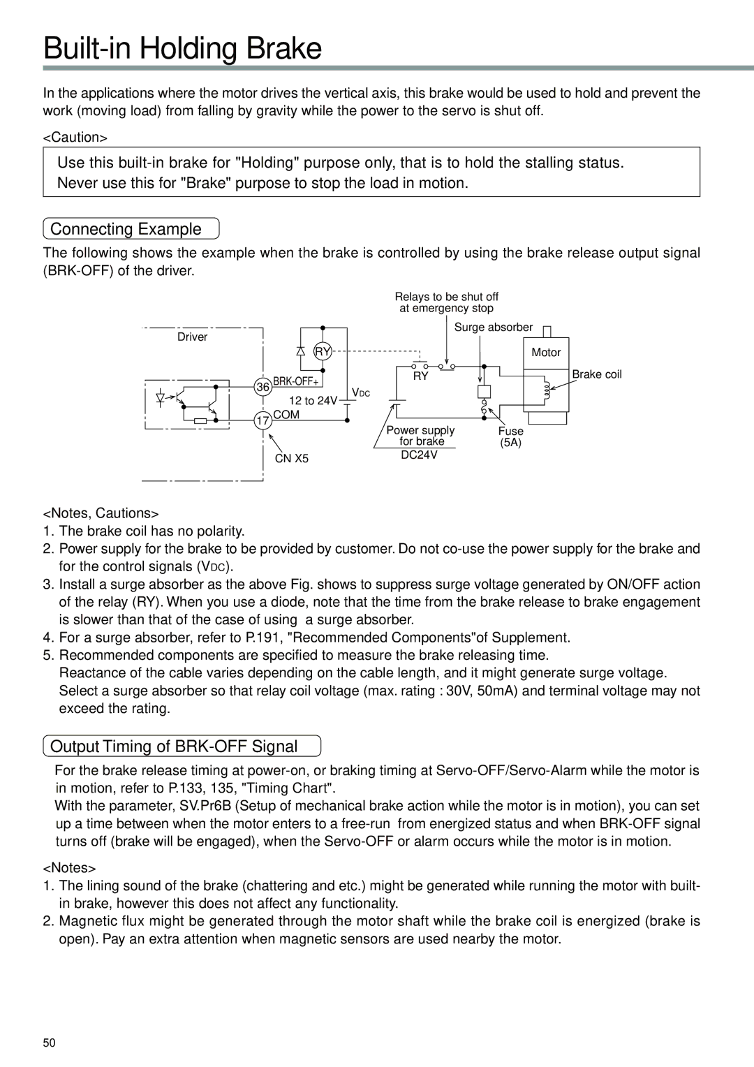 Panasonic A4P Series instruction manual Built-in Holding Brake, Connecting Example, Output Timing of BRK-OFF Signal 