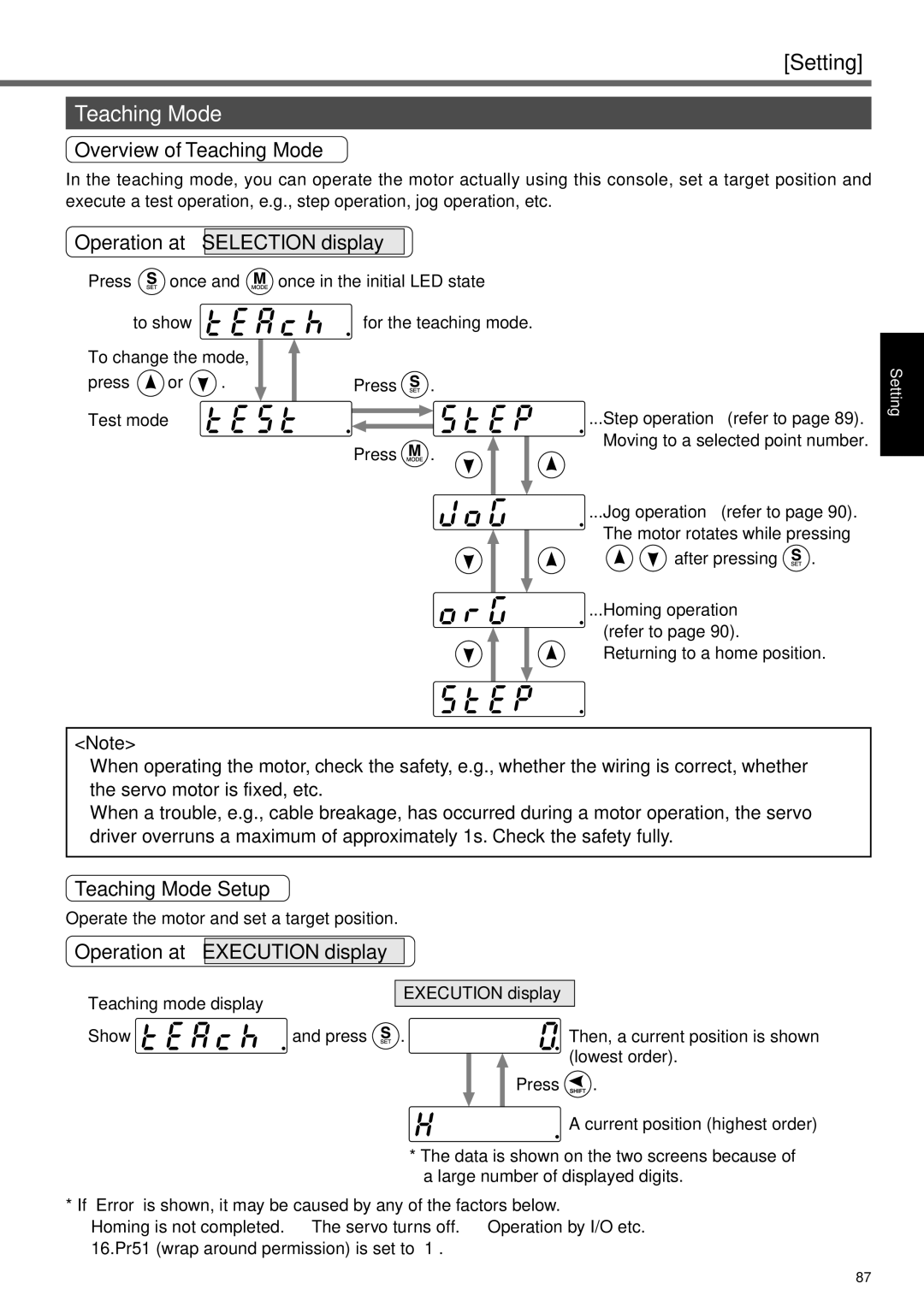 Panasonic A4P Series instruction manual Overview of Teaching Mode, Operation at Selection display, Teaching Mode Setup 