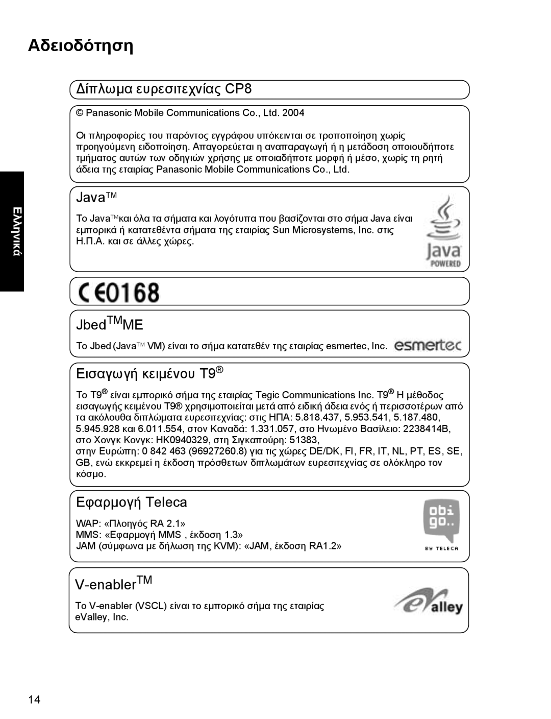 Panasonic A500 operating instructions Αδειοδότηση, JavaTM 