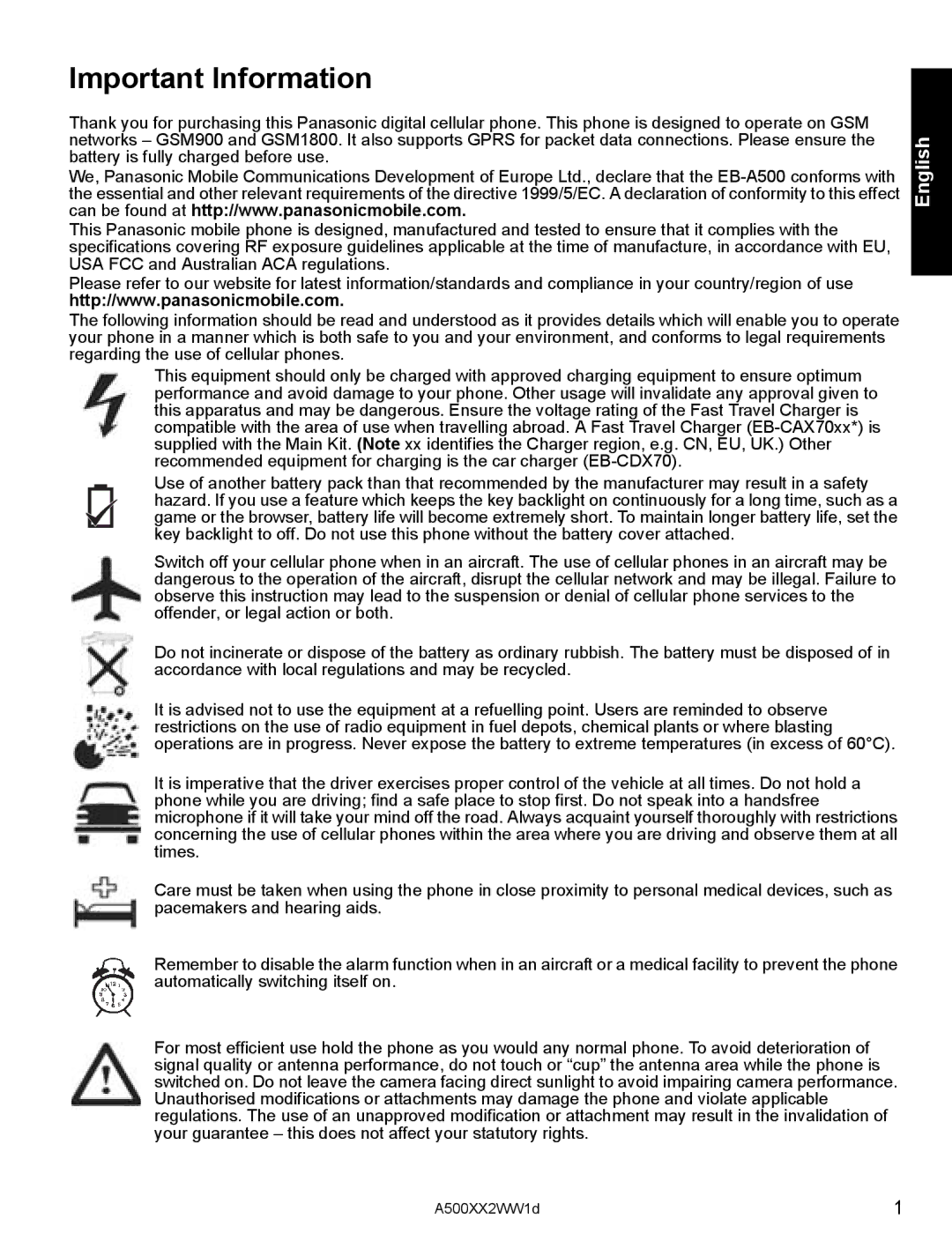 Panasonic A500 operating instructions Important Information 