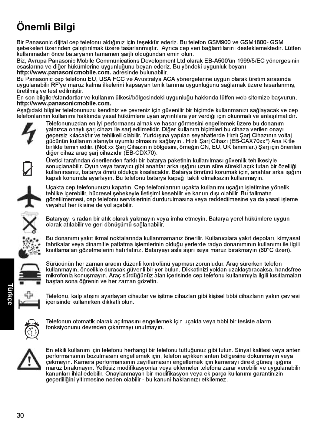 Panasonic A500 operating instructions Önemli Bilgi, Türkçe 