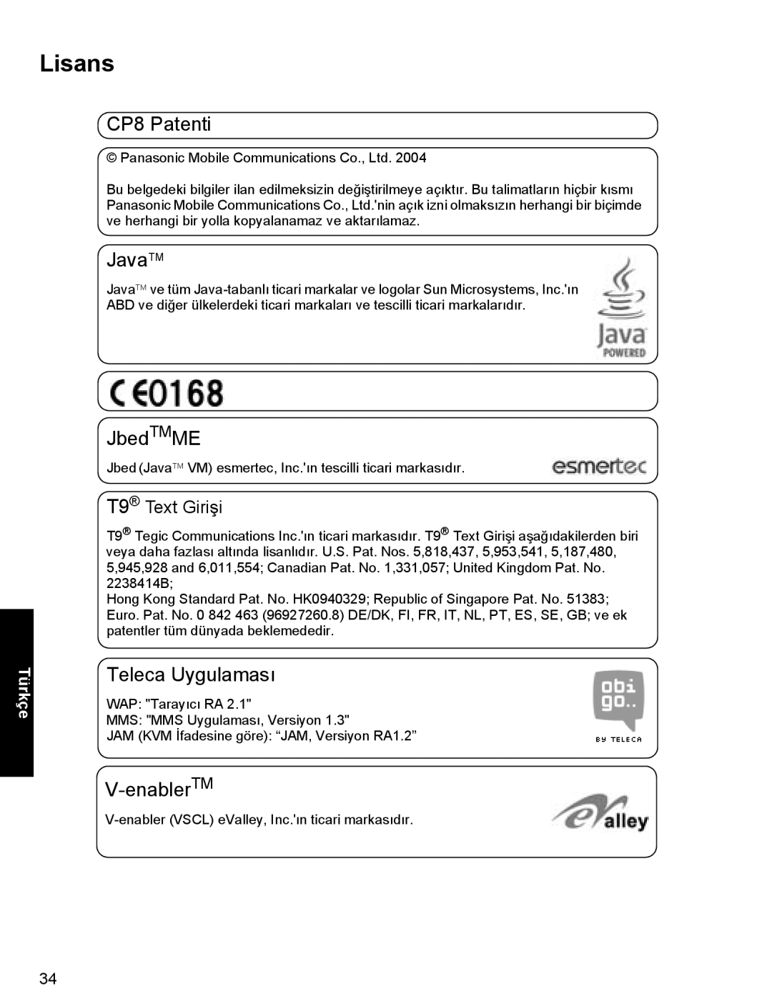 Panasonic A500 operating instructions Lisans, CP8 Patenti JavaTM 