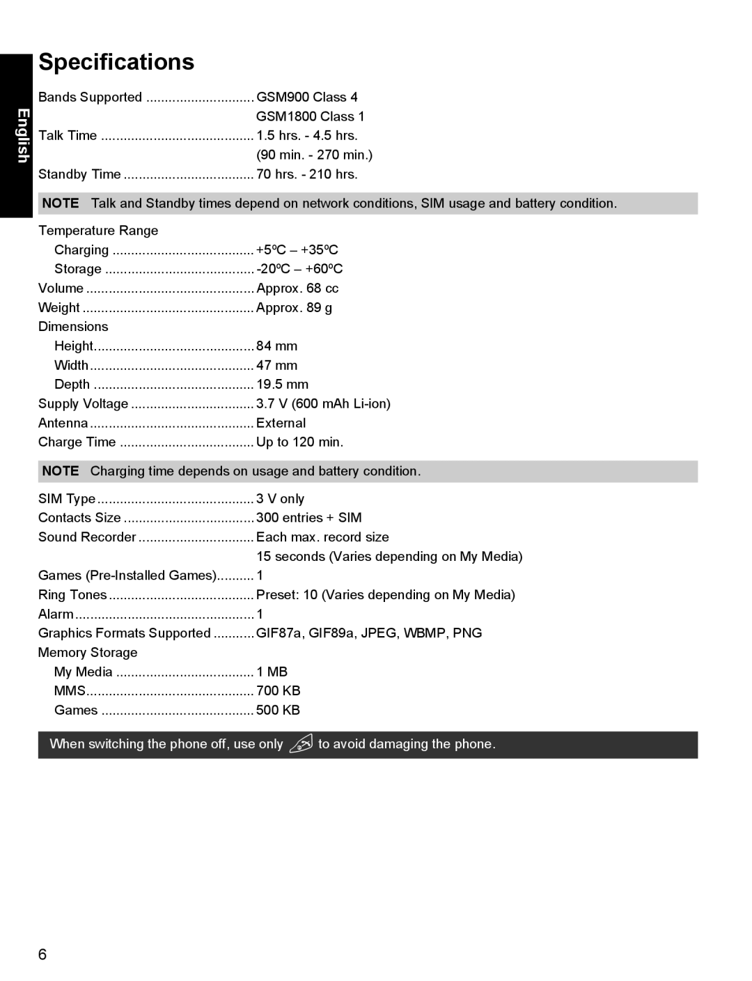 Panasonic A500 operating instructions Specifications 