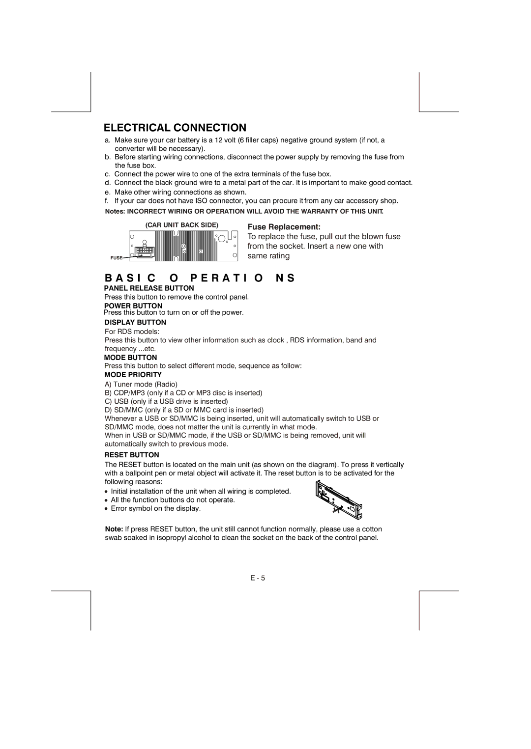 Panasonic A66HY instruction manual Electrical Connection, S I C O P E R a T I O N S 