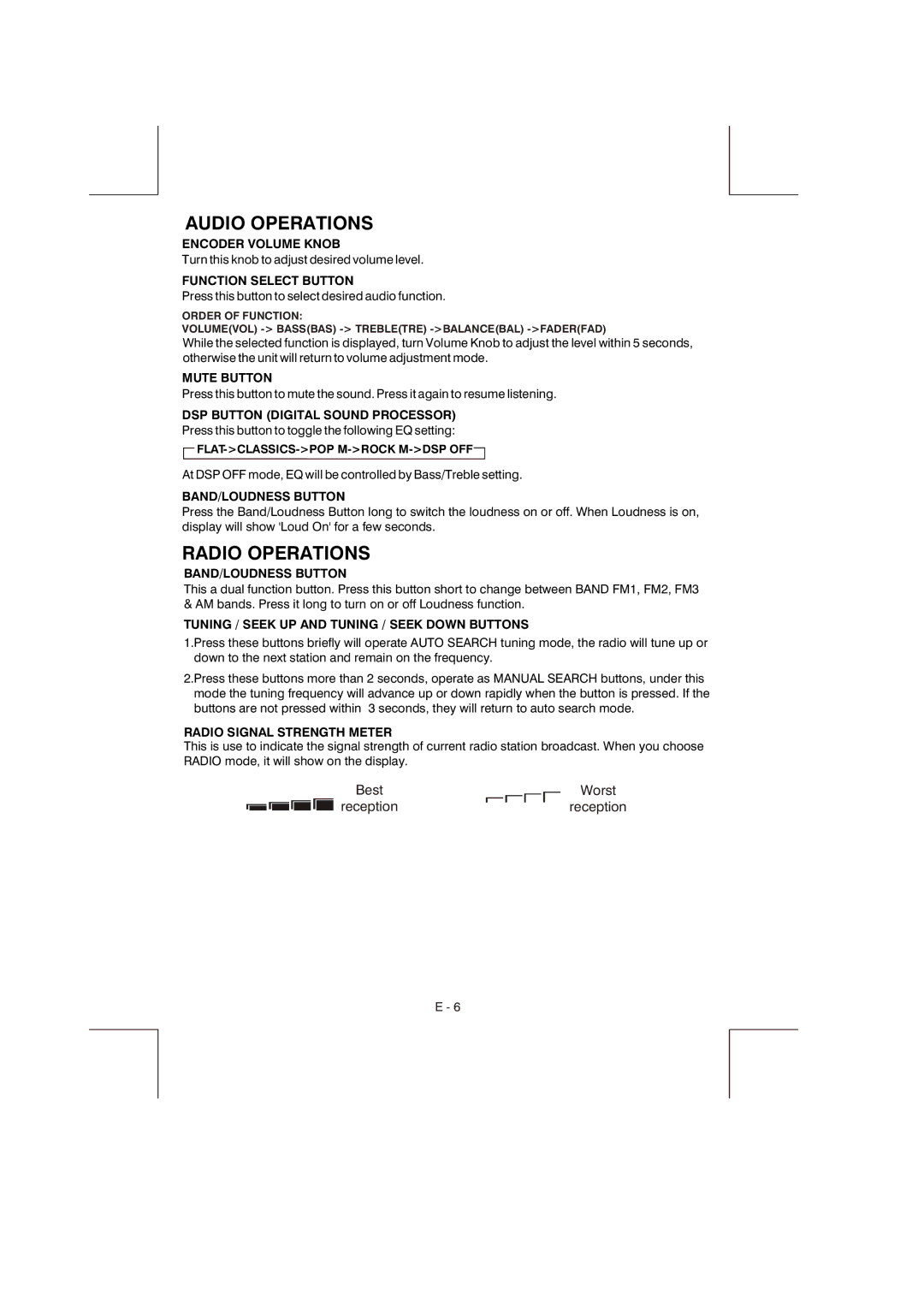 Panasonic A66HY instruction manual Audio Operations, Radio Operations 