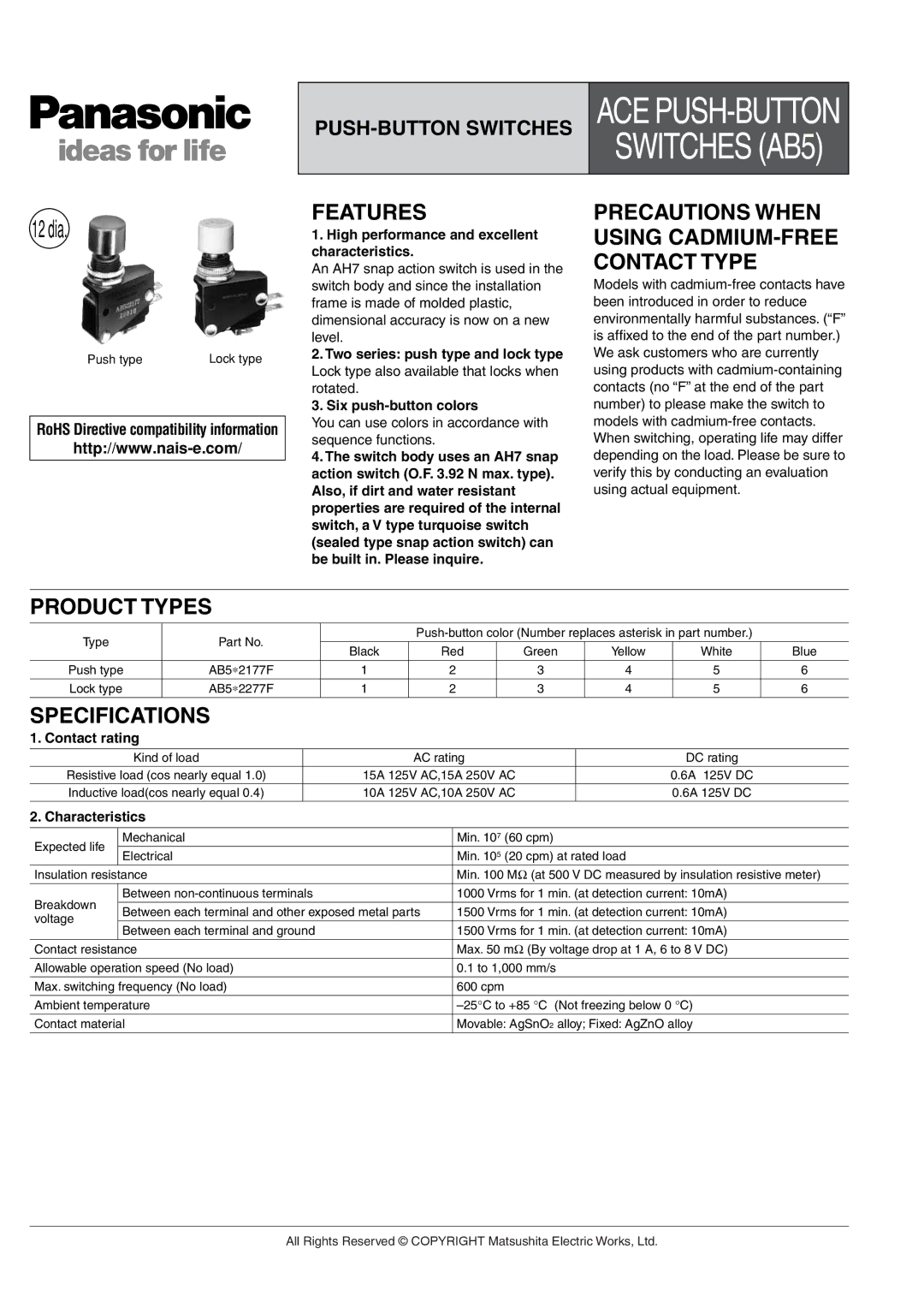 Panasonic AB5 specifications Features, Precautions When Using CADMIUM-FREE Contact Type, Product Types, Specifications 