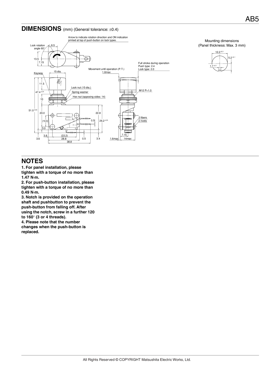 Panasonic AB5 specifications Mounting dimensions, Panel thickness Max mm 