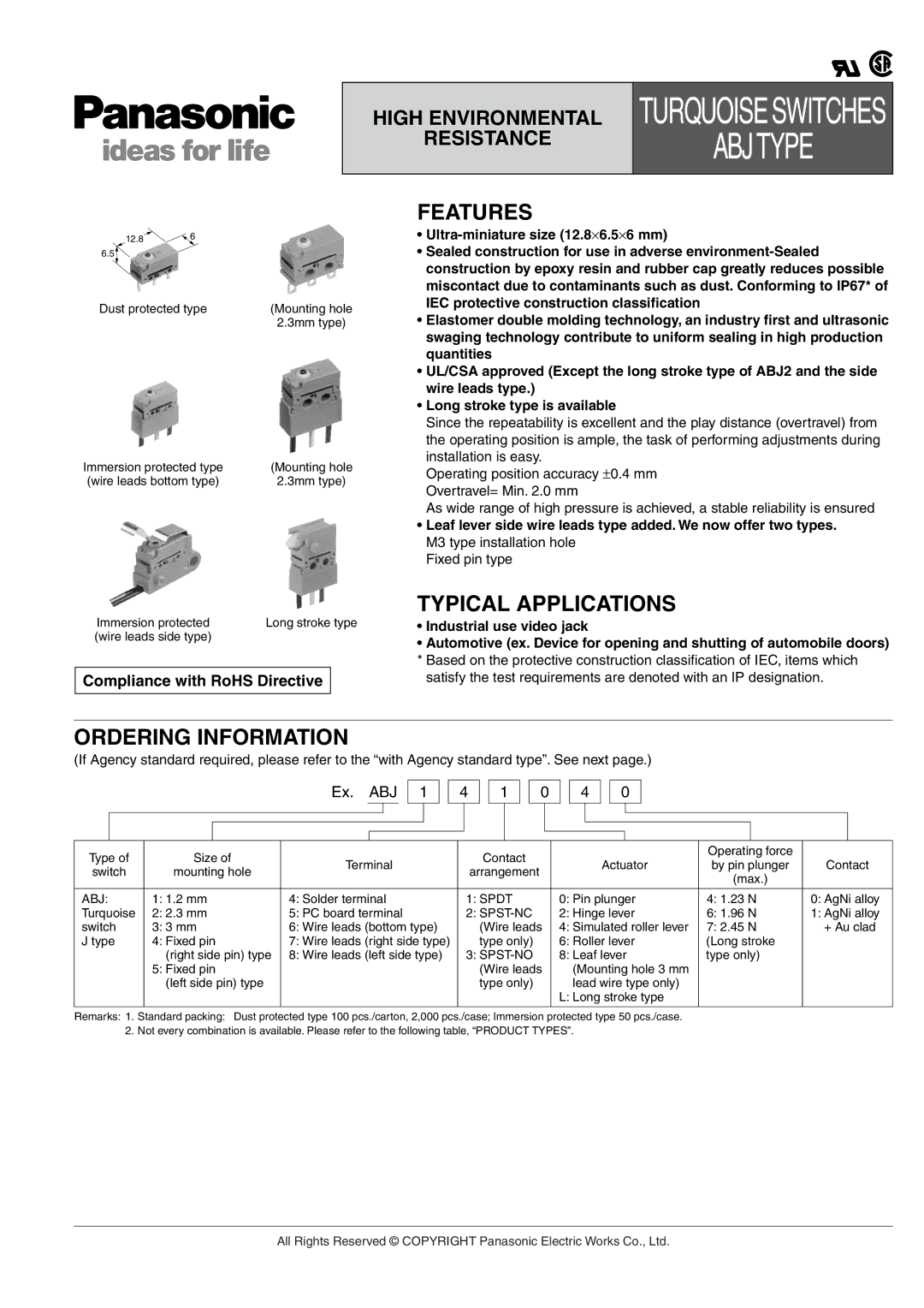 Panasonic ABJ manual Features, Typical Applications, Ordering Information, Fixed pin type 